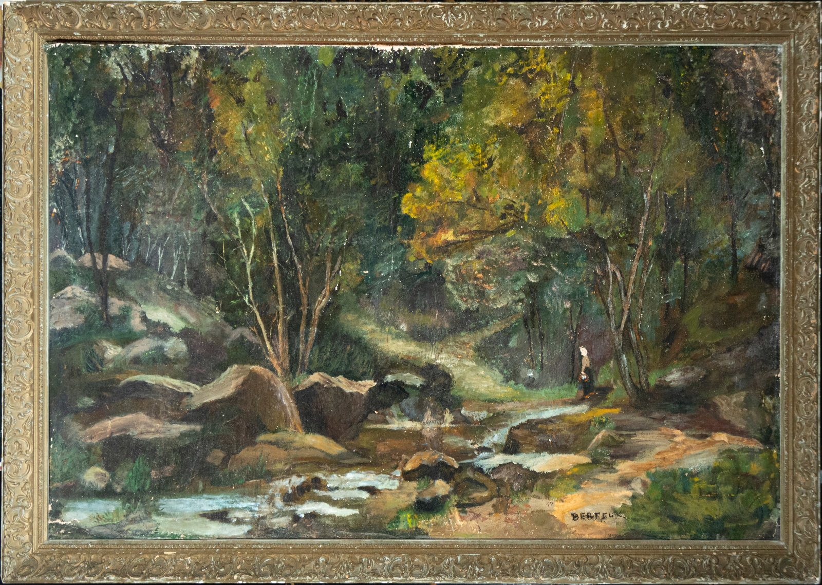 Wooded landscape with stream, Signed Berteux, Barbizon School, 19th century (1 of 6)