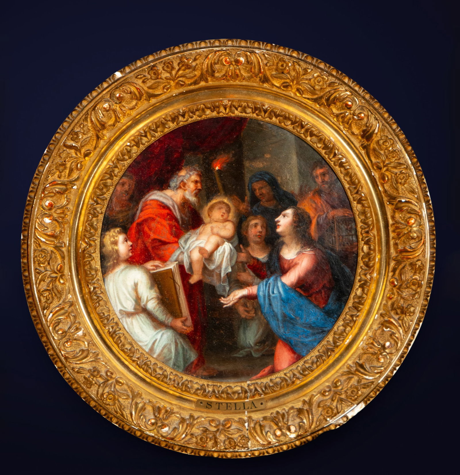 Adoration of the Child Jesus, attributed to Jacques Stella, French School, 17th Century.: Oil on panel. Dimensions: 24 x 23 cm; frame: 36 x 35 cm. A scene of the Adoration of the Christ Child with a circular composition in which several figures surround the Child, who is held by an elderly