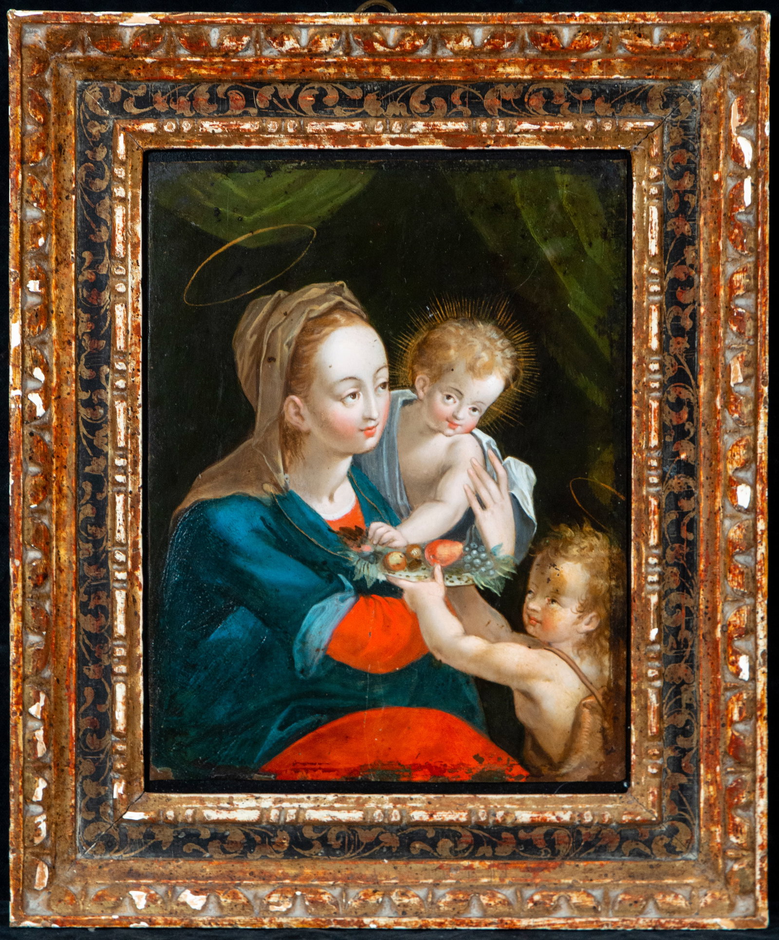 Virgin with Child and Saint John the Baptist, attributed to Gregorio Gamarra, Cuzco School, 17th: Oil on copper. Dimensions: 22.5 x 16.5 cm; frame: 33 x 27 cm. Devotional scene depicting the Virgin Mary, half-length, holding the Christ Child, accompanied by the infant Saint John the Baptist in the
