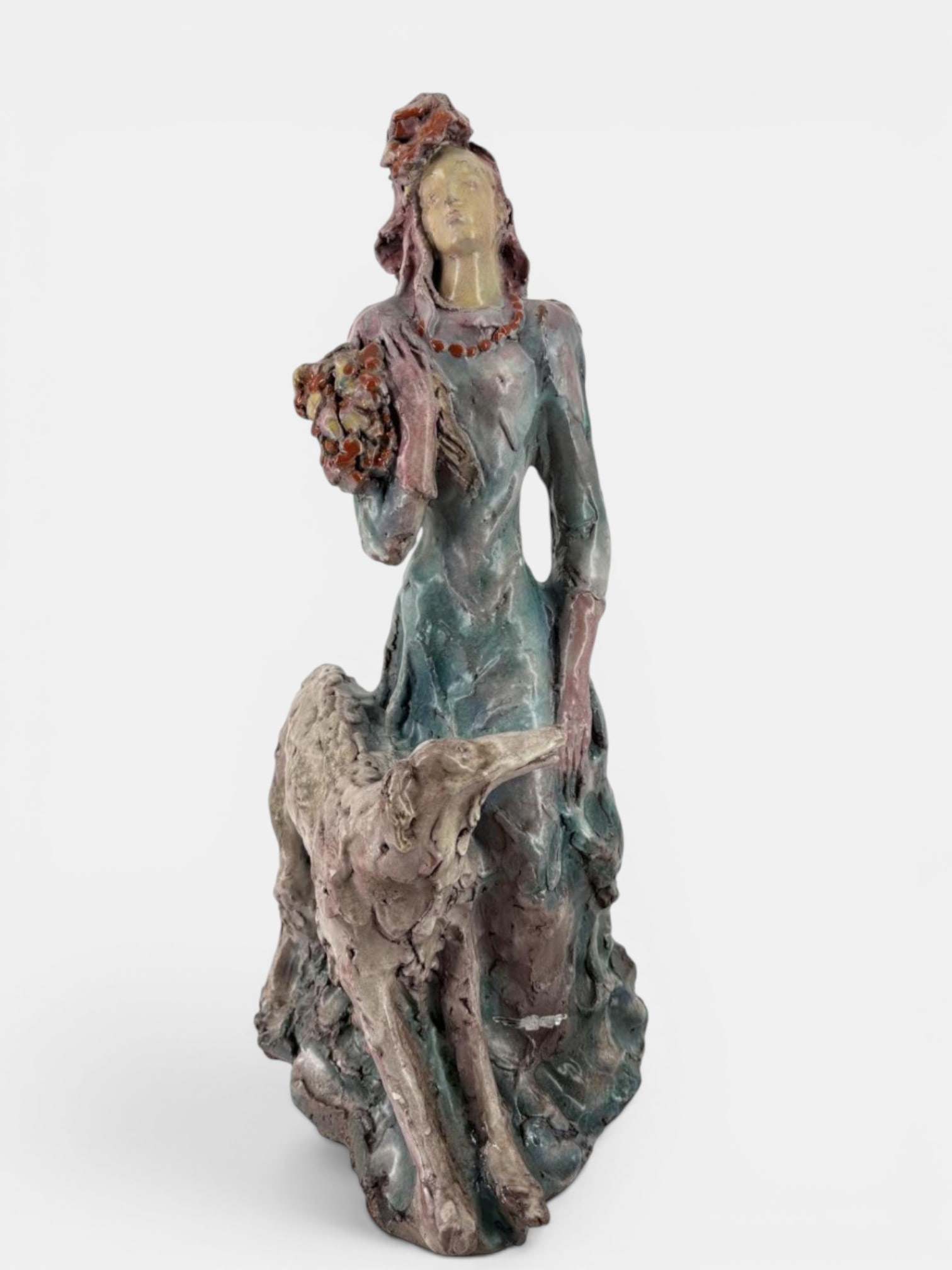 Lady with Dog - Large 1970s Signed Italian Figurative Sculpture: Possibly an Italian firm to be identified, 60 cm high, Italian design from the 60s or 70s.