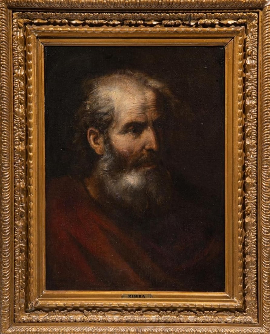 Apostle, Luca Giordano (1634 - 1705), Italian school, 17th century: Oil on canvas. Dimensions: 64 x 49 cm (85 x 70 cm with frame). Bust portrait of an elderly man with a white beard and an introspective gaze, modeled using strong chiaroscuro against a dark background.