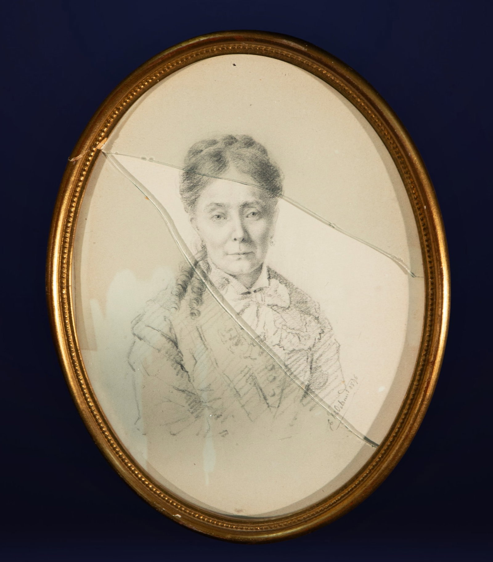 Drawing of a lady, Spanish School, 19th Century: Graphite on paper. Dimensions: 24 x 17 cm; framed 27 x 20 cm. Half-length portrait of a woman in an oval format, with the figure facing forward and her gaze directed at the viewer. The lady is dressed