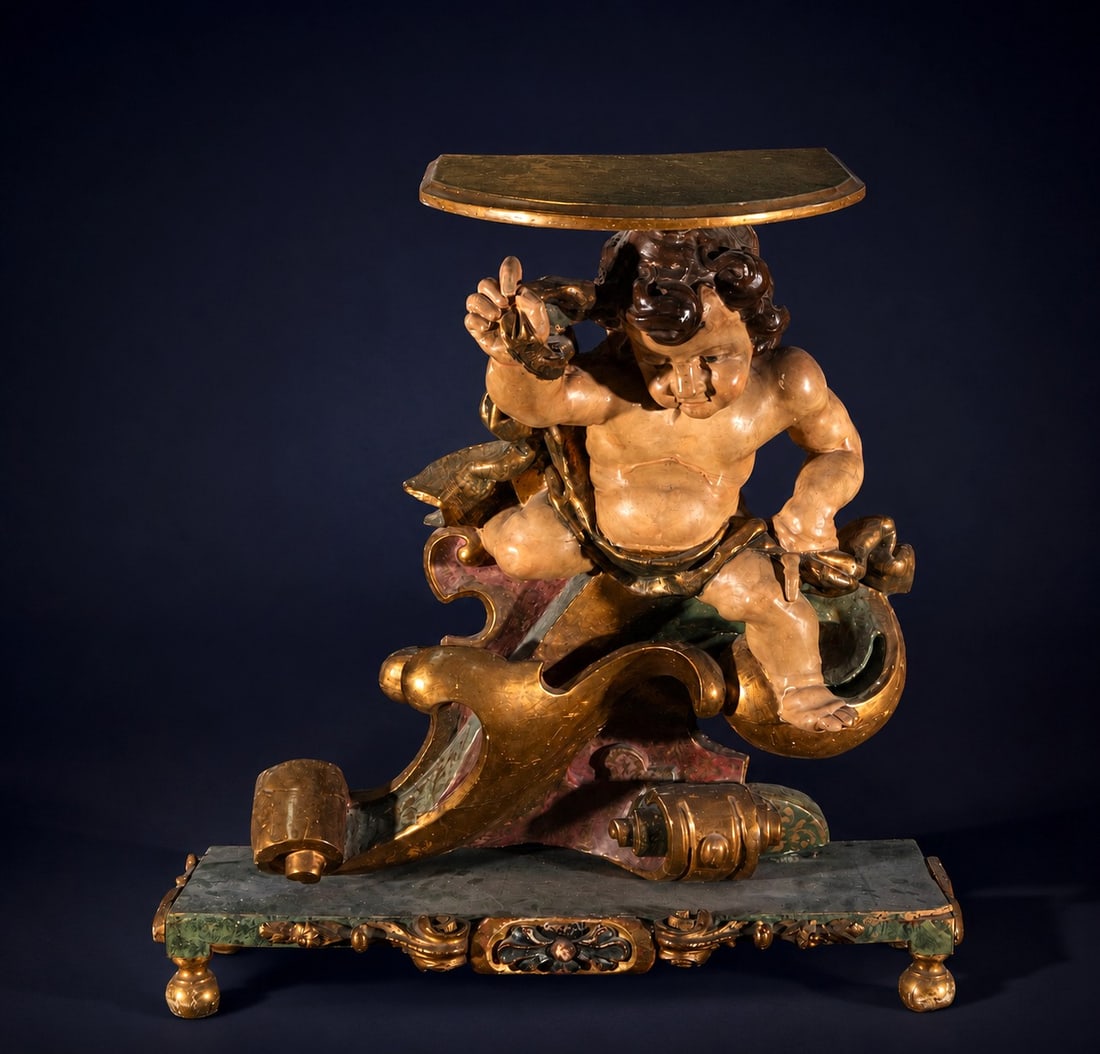 Baroque polychrome wooden console with putto figure, European School, 18th Century: Carved, polychromed, and gilded wood. Dimensions: 105 x 102 x 40 cm. This important Baroque corbel was conceived as both an ornamental and functional element. It rests on a base decorated with molding