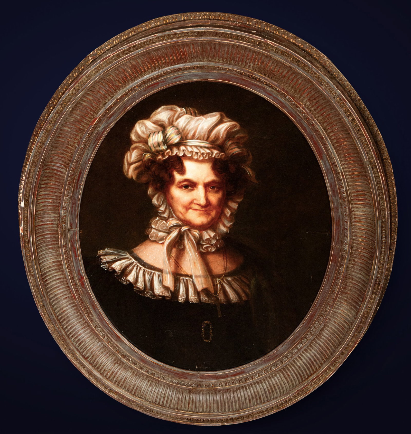 Portrait of a French lady, French school, 18th century: Oil on canvas. Bust portrait of a woman with an elegant headdress and aristocratic attire, executed with refined facial features and delicate drapery. The work reflects the French portrait style of th