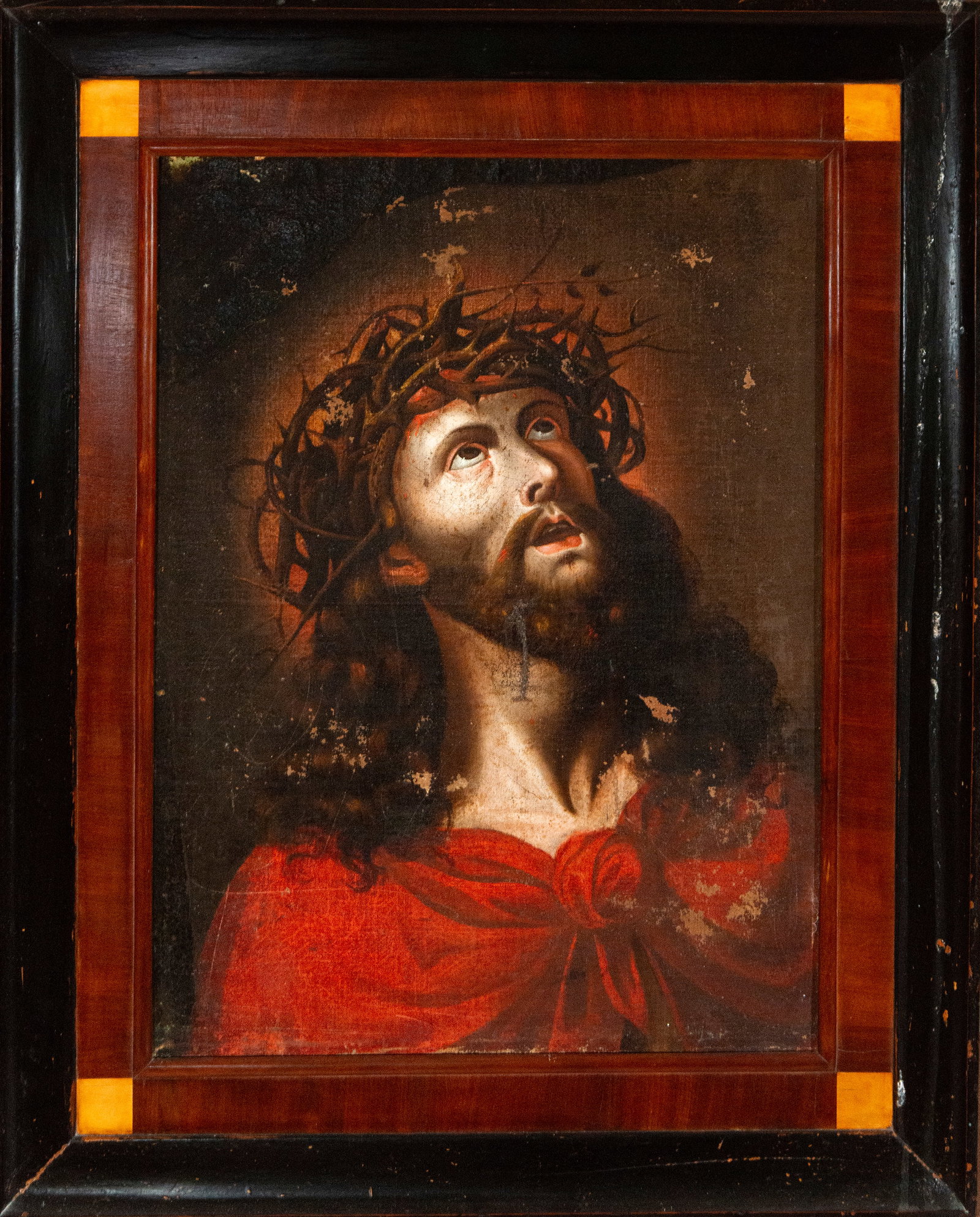 Ecce Homo, Spanish Baroque school of Carducho, 17th century: Oil on canvas. Depiction of Christ crowned with thorns, his gaze lifted and his expression one of profound spiritual suffering. The composition focuses attention on the face and the dramatic lighting 