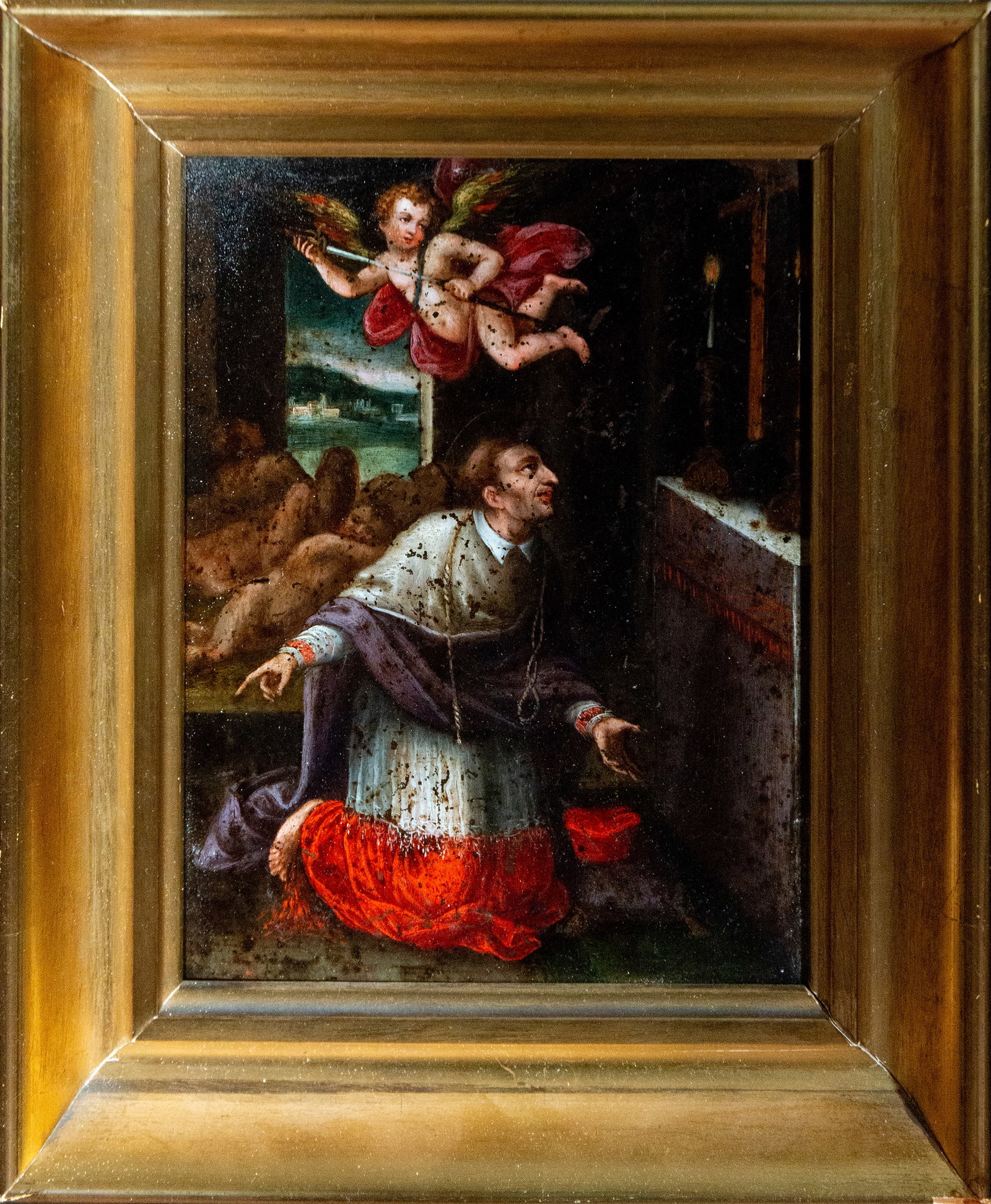 Saint in prayer on copper, Italo-Flemish school, 17th century: Copper measurements: 20 x 15 cm; framed: 29 x 24 cm.