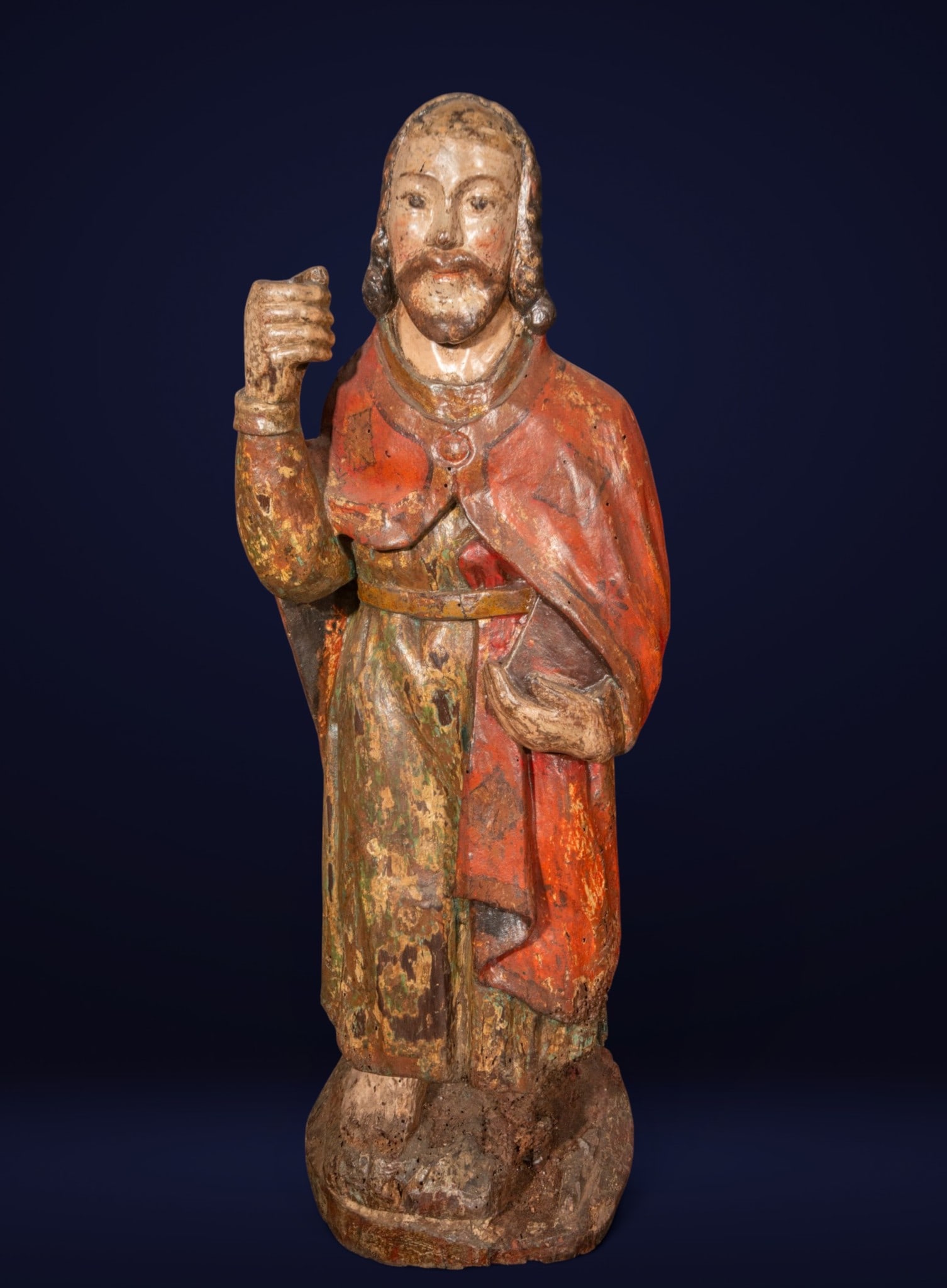 Late Romanesque St. Peter, 14th century: Polychrome wood carving. Devotional male figure with flowing robes and traces of original polychromy in shades of red and green. The hieratic face and frontal composition reflect late Gothic models of