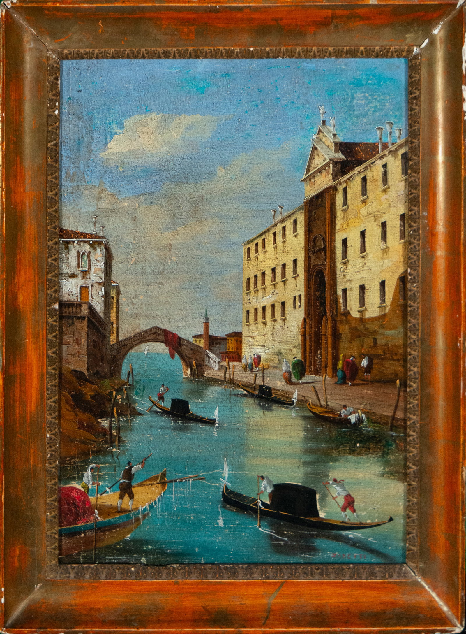 Follower of Canaletto, 19th century: Canvas mounted on panel. A Venetian-inspired cityscape, articulated by a canal traversed by gondolas and flanked by palatial architecture with a distinctly theatrical character. The composition draws 