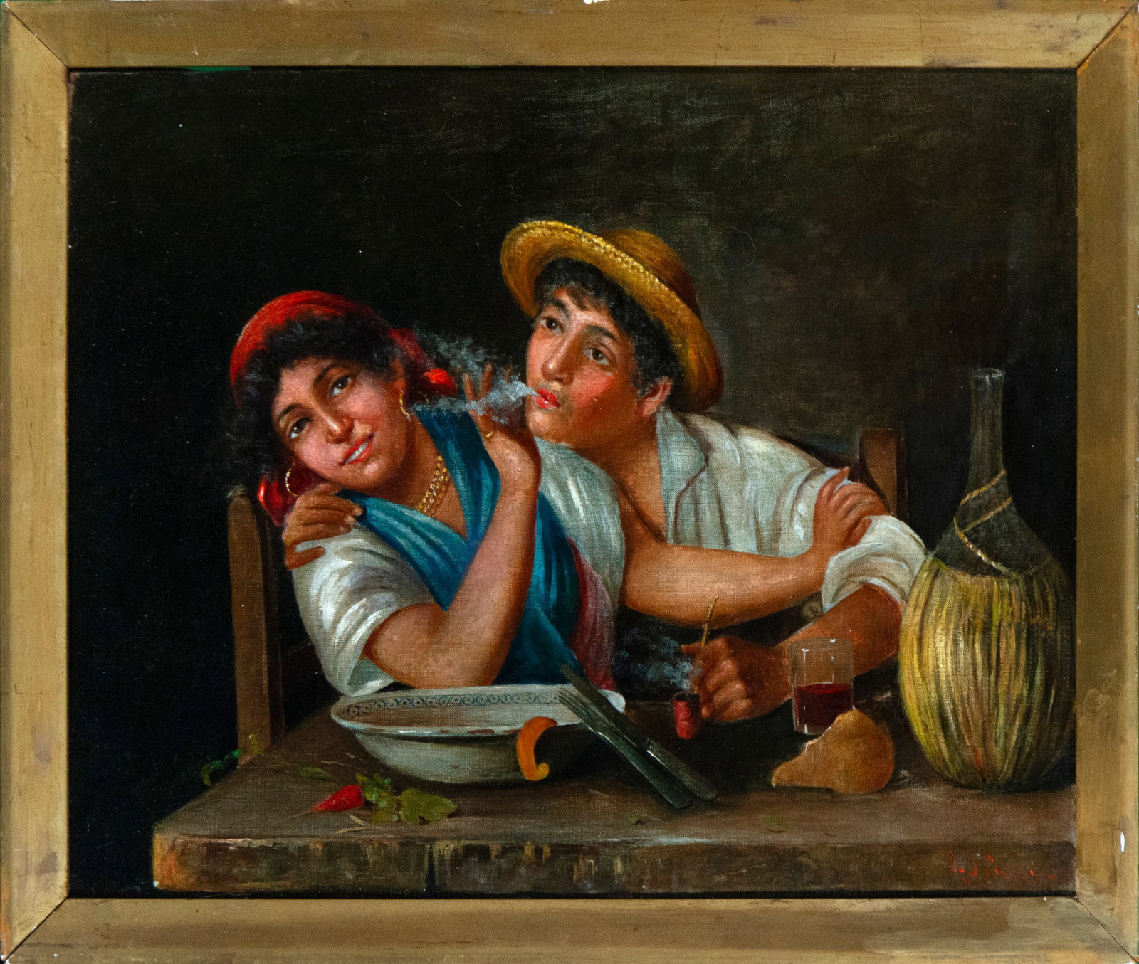 Gallant scene with a couple smoking, Italian School, 19th century: Oil on canvas. A genre scene of an intimate and informal nature, featuring a young couple seated at a table, sharing an everyday moment accompanied by smoke, wine, and household objects. The woman, ad