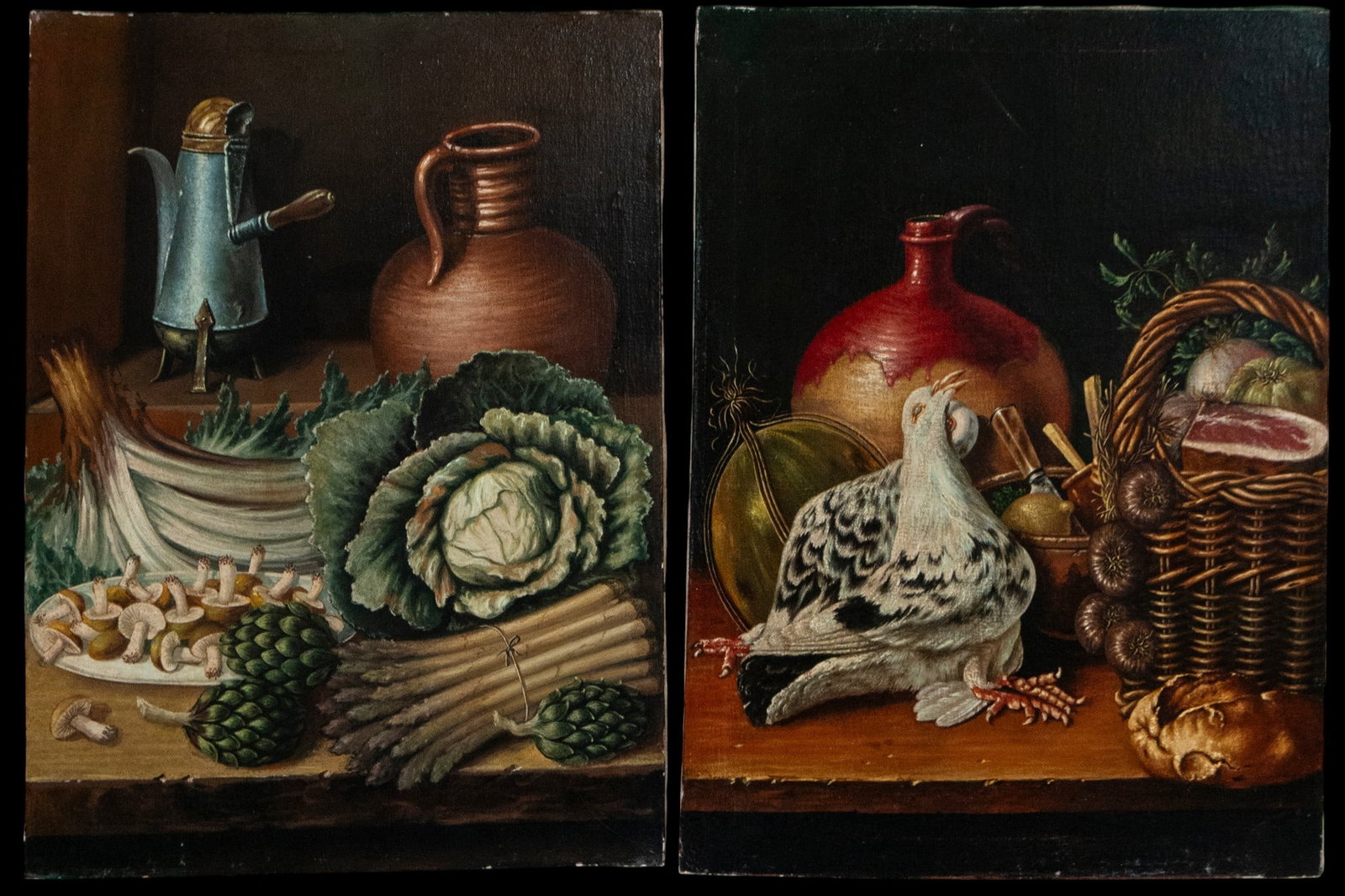 Pair of still lifes, European School, 18th Century: Oil on canvas. Dimensions: 61 x 47 cm each. A pair of still life compositions on dark backgrounds with a symmetrical arrangement of food, containers, and household items. One scene includes vegetables