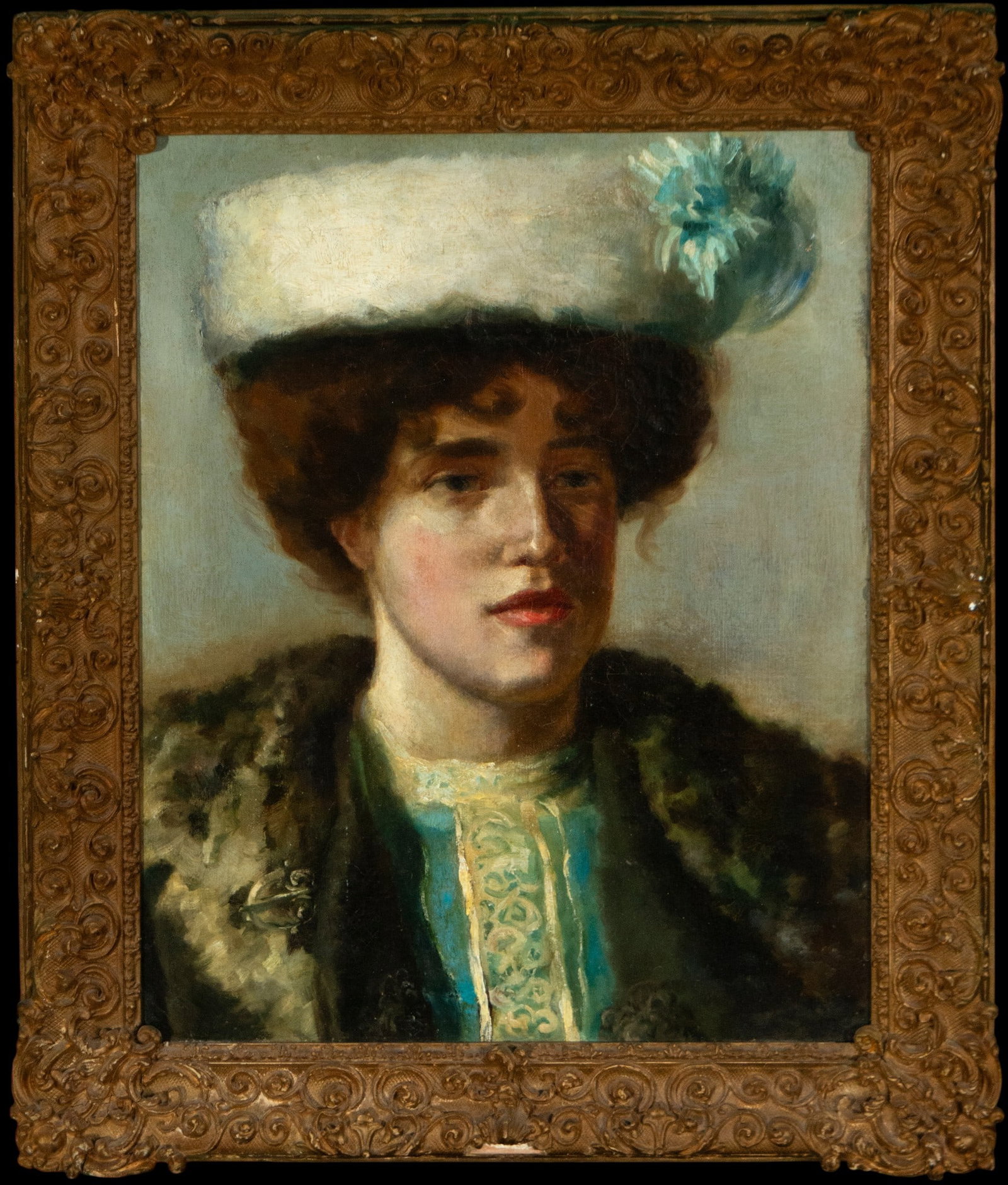 Portrait of a lady with a white hat, European School, 19th Century: Oil on canvas. Dimensions: 51 x 41 cm; 64 x 54 cm with frame. Half-length portrait of an elegant lady wearing a fur coat and a wide-brimmed hat adorned with a light-colored feather. The figure emerges