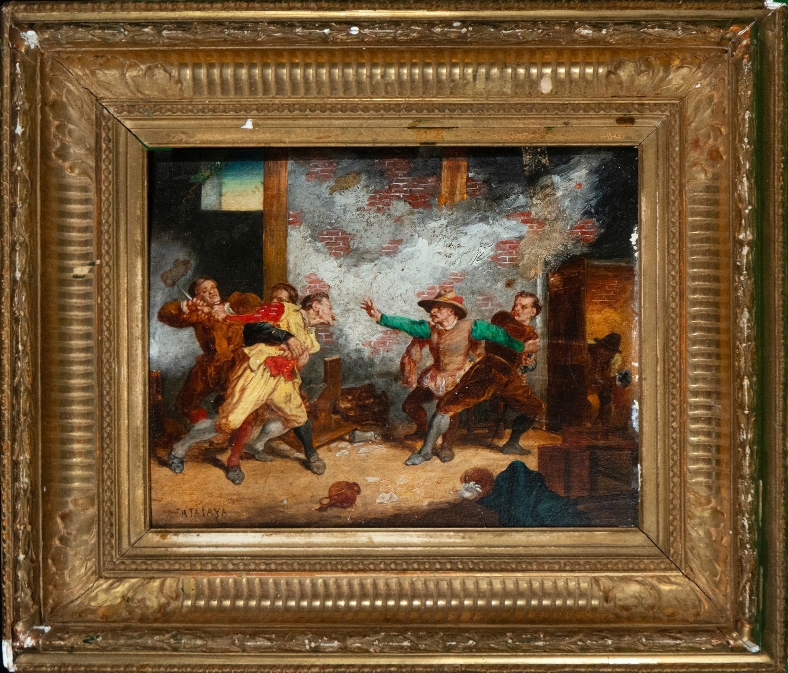 Tavern scene and popular brawl, Atalaya, Spanish School, 19th Century: Oil on panel. Genre scene set inside a tavern where several characters are engaged in a tumultuous dispute, charged with theatrical dynamism. The figures are distributed within an architectural space 