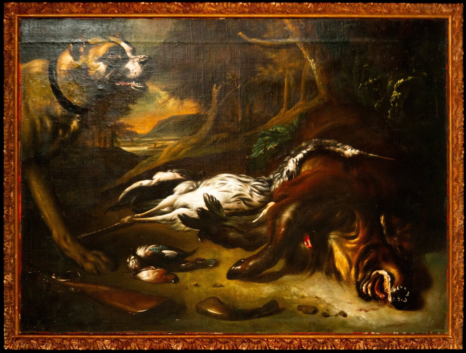 Still life of hunting, possibly attributed to Jan Weenix, Flemish School, 18th century: Oil on canvas. A highly theatrical hunting scene featuring an imposing hunting dog guarding a group of downed birds and a large game animal positioned in the foreground, set in a wooded environment wi
