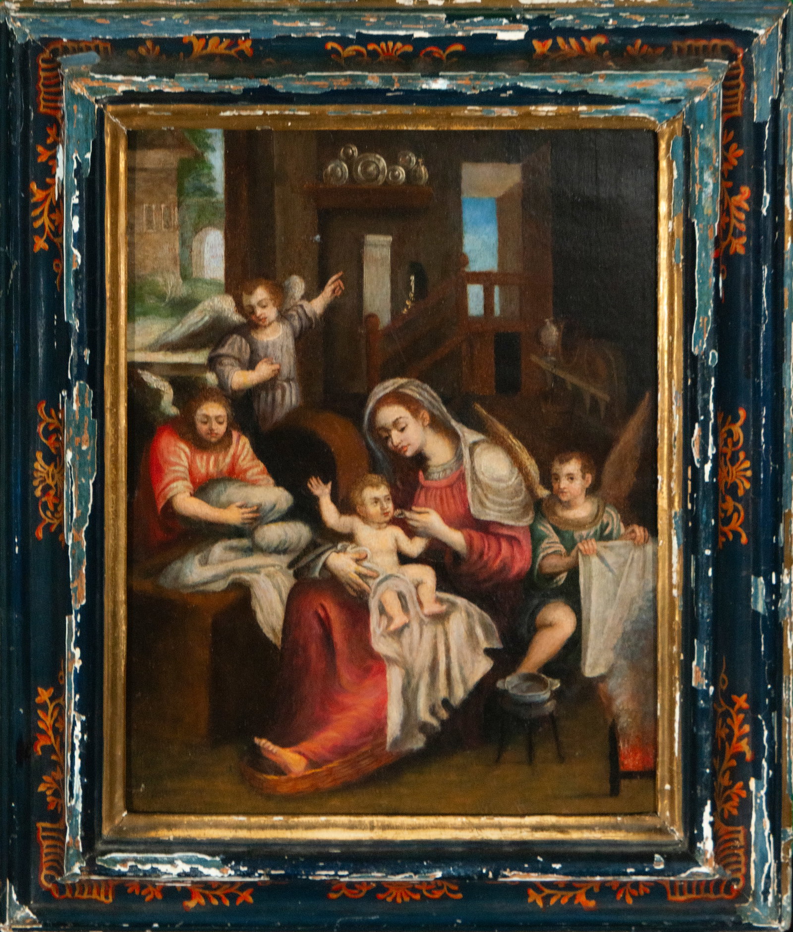 Nativity of the Virgin, Hispanic American Colonial School, 18th Century: Oil on panel. A domestic scene of profound devotional meaning depicting the birth of the Virgin Mary in an architectural interior rendered with naive perspective and delicate narrative sensibility. Th