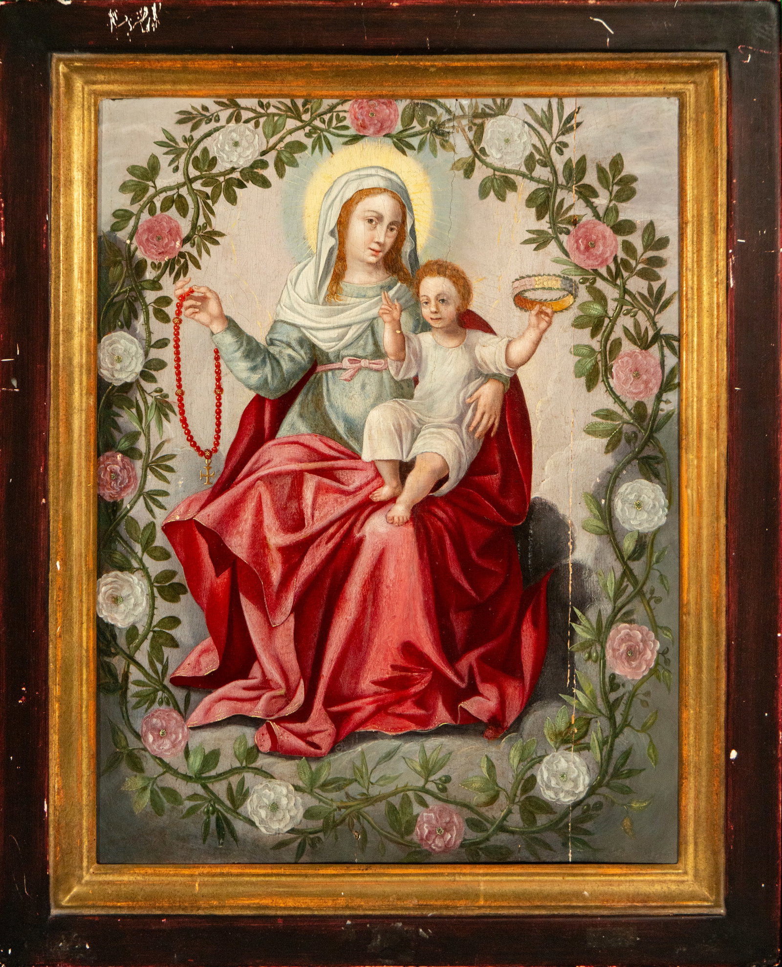 New Spain School - Virgin of the Rosary on panel, late 16th century (1 of 6)