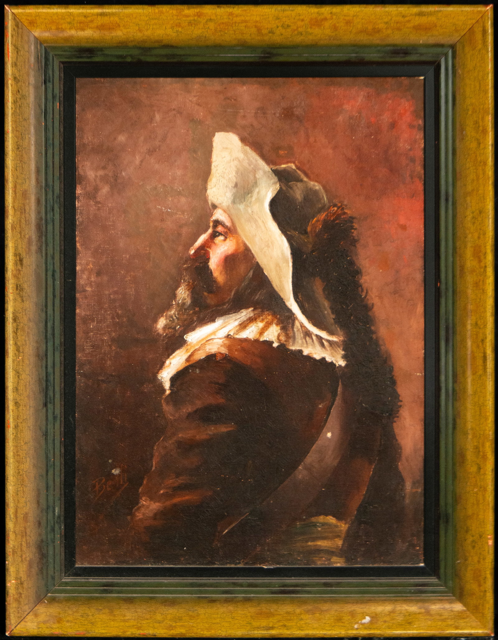 Musketeer. Signed Belli. Italian School. 19th Century: Oil on canvas. Dimensions 81 × 60 cm and 102 × 80 cm. Profile portrait of a musketeer in historical attire, executed with loose brushstrokes and a warm color palette. The work evokes the historicist
