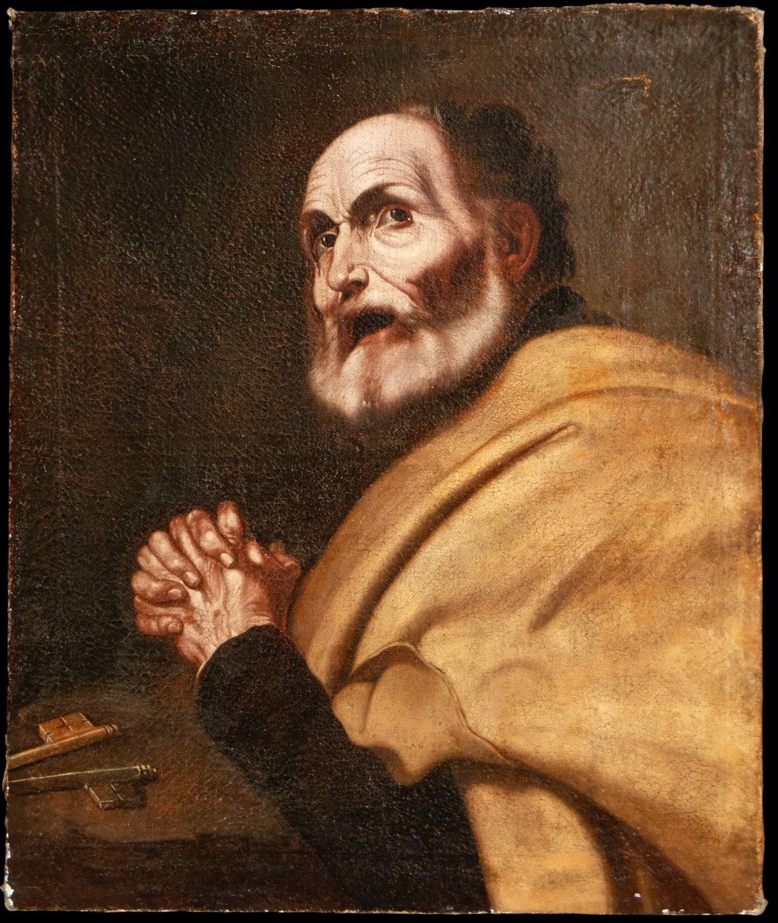 Saint Peter the Apostle. Spanish School. 17th Century: Oil on canvas. Dimensions 83 × 69 cm. Image of Saint Peter in prayer, holding the keys as an attribute, and featuring intense tenebrist lighting. The work reflects the spirituality and naturalism cha