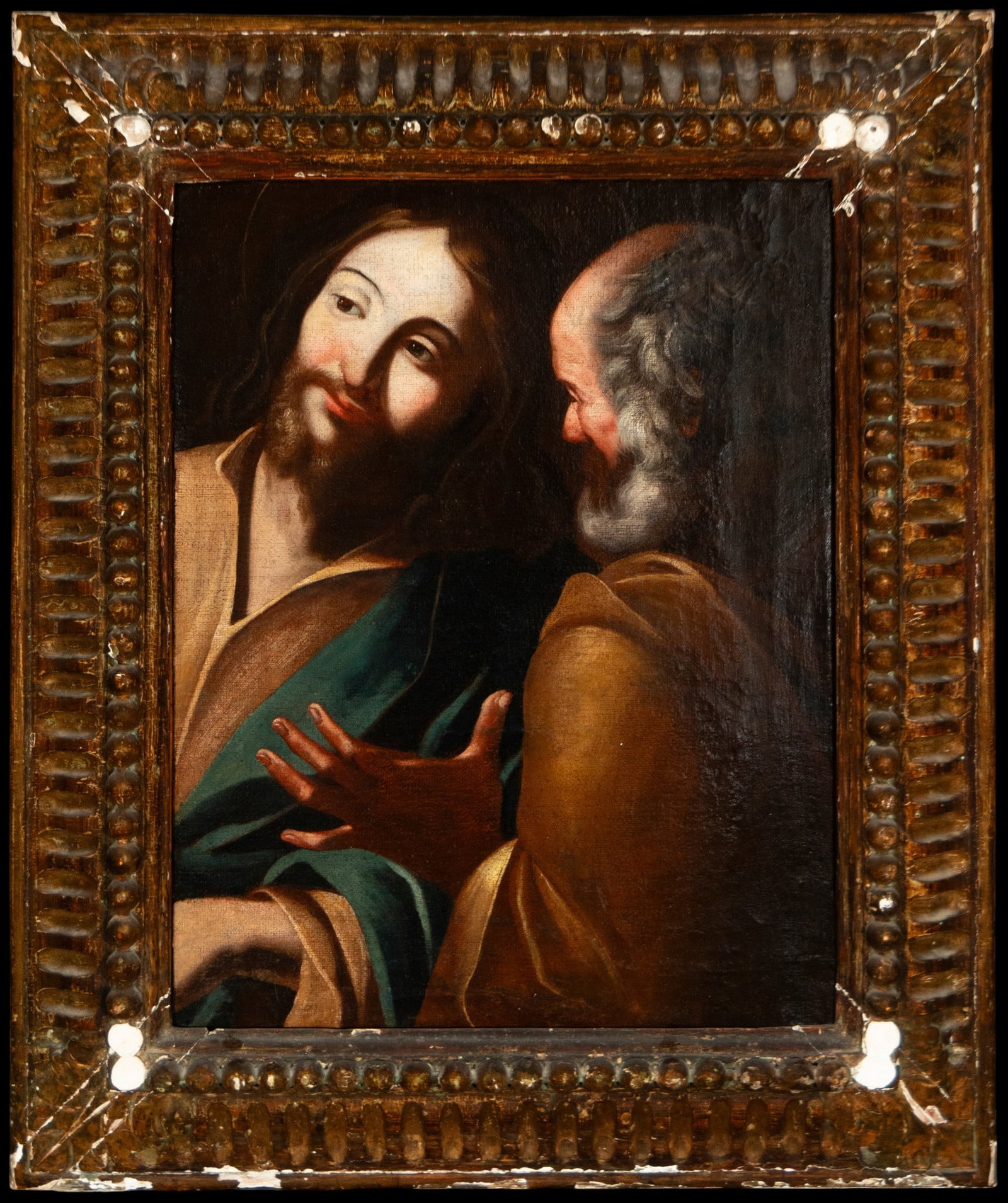 Christ and Saint Peter. Spanish School. 17th Century: Oil on canvas. Dimensions 74 × 52 cm and 97 × 82 cm. Scene of Christ conversing with Saint Peter, rendered through a marked chiaroscuro and a highly intimate composition. The quality of the modeling