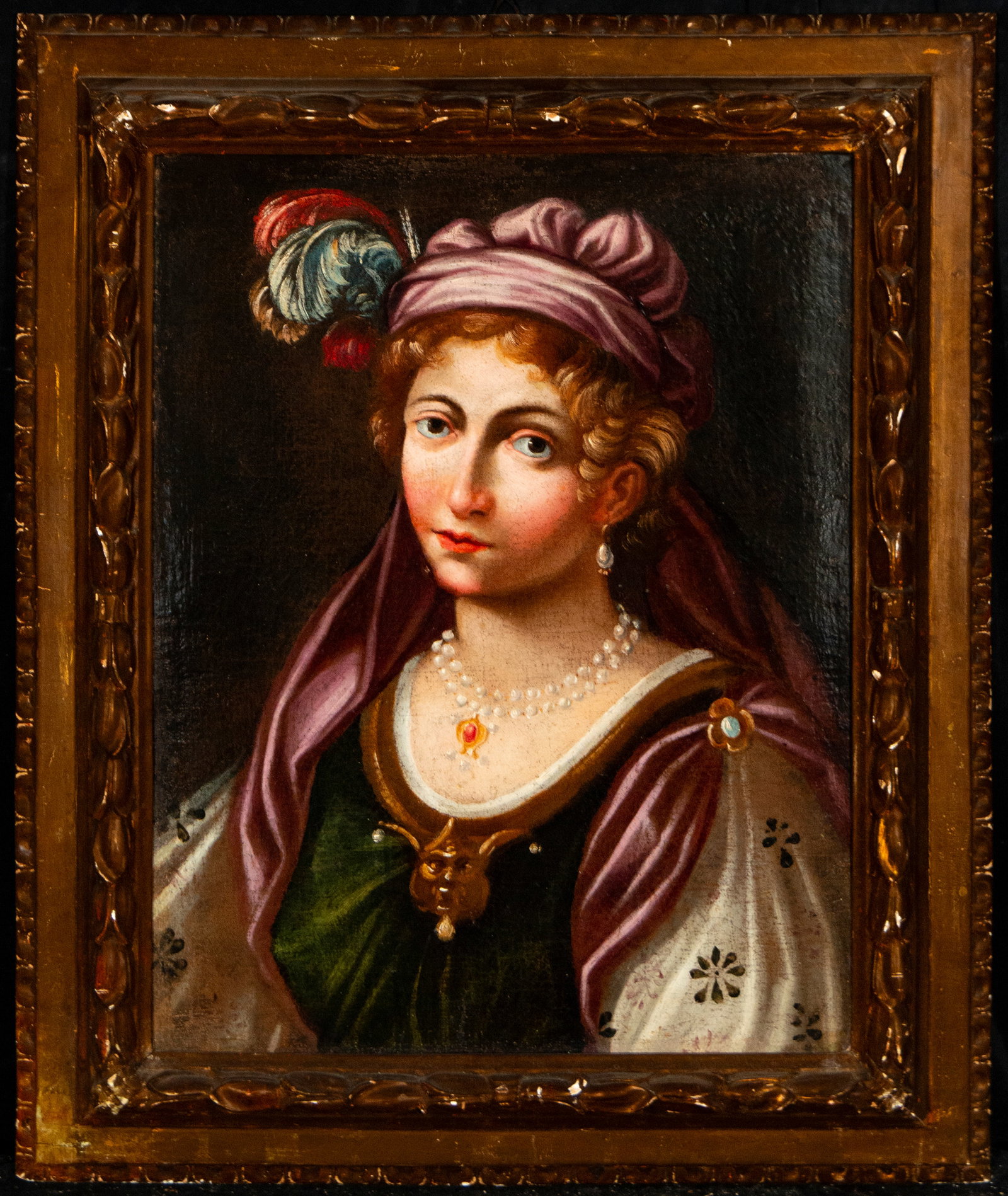 Portrait of Sibyl. Italian School. 18th Century: Oil on canvas. Measures 78 × 65 cm. Half-length portrait of a woman in rich clothing and jewelry, executed with delicacy in the face and careful depiction of the fabrics. The composition reflects the