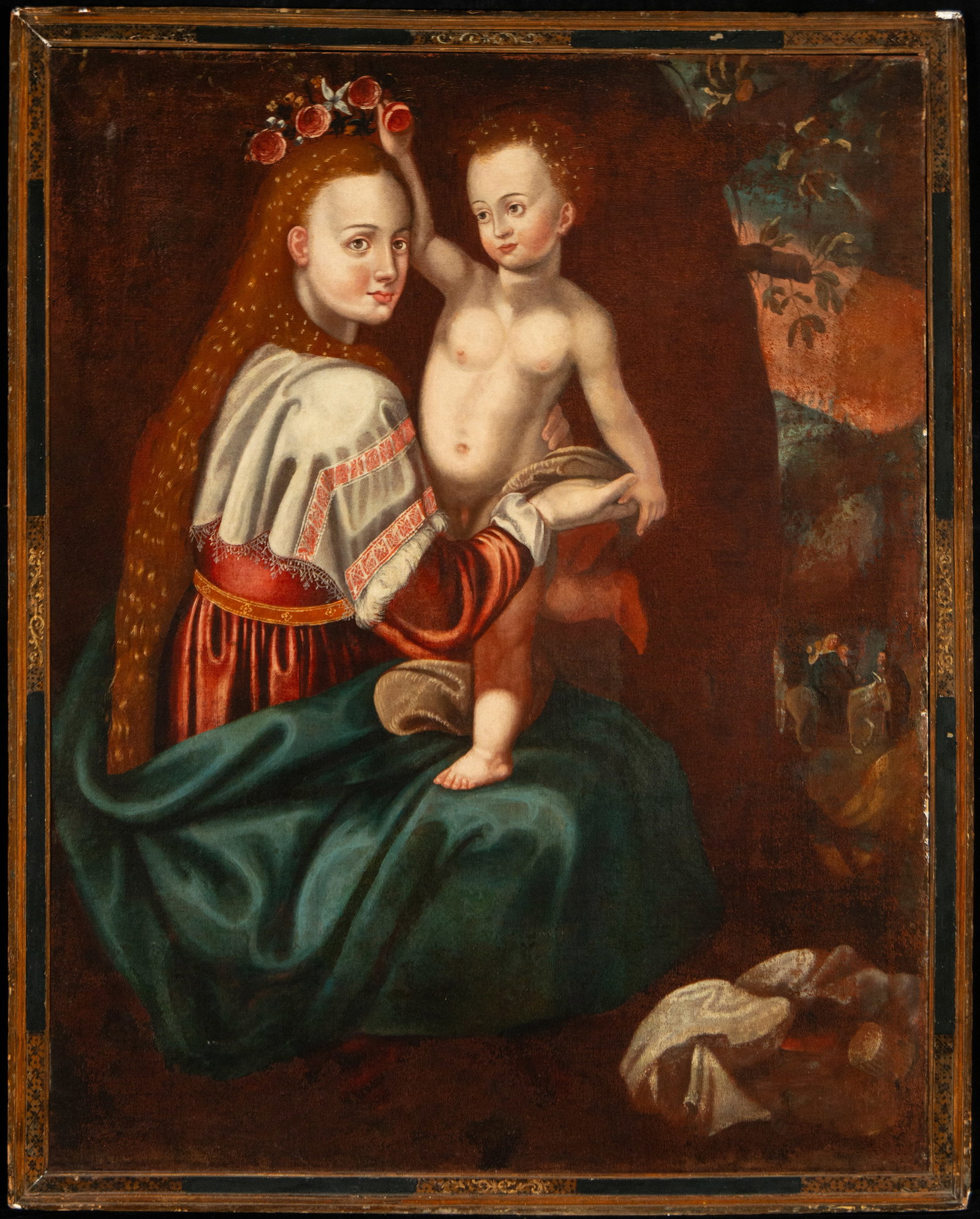 Virgin and Child Resting on the Flight into Egypt. Cuzco School. 18th Century: Oil on canvas. Dimensions 120 × 92 cm and 127 cm. Devotional scene of the Virgin and Child resting during the Flight into Egypt, enriched with a landscape and a narrative episode in the background. T
