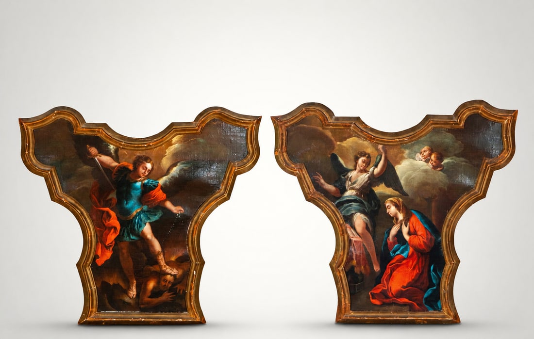 Saint Michael and the Annunciation. Roman or Italian painter of the 18th century, active in Spain.: Oil on canvas. Dimensions 63 × 71 cm and 71 × 81 cm. Pair of compositions depicting Saint Michael the Archangel vanquishing the devil and the Annunciation. The intense polychromy, the dynamism of th