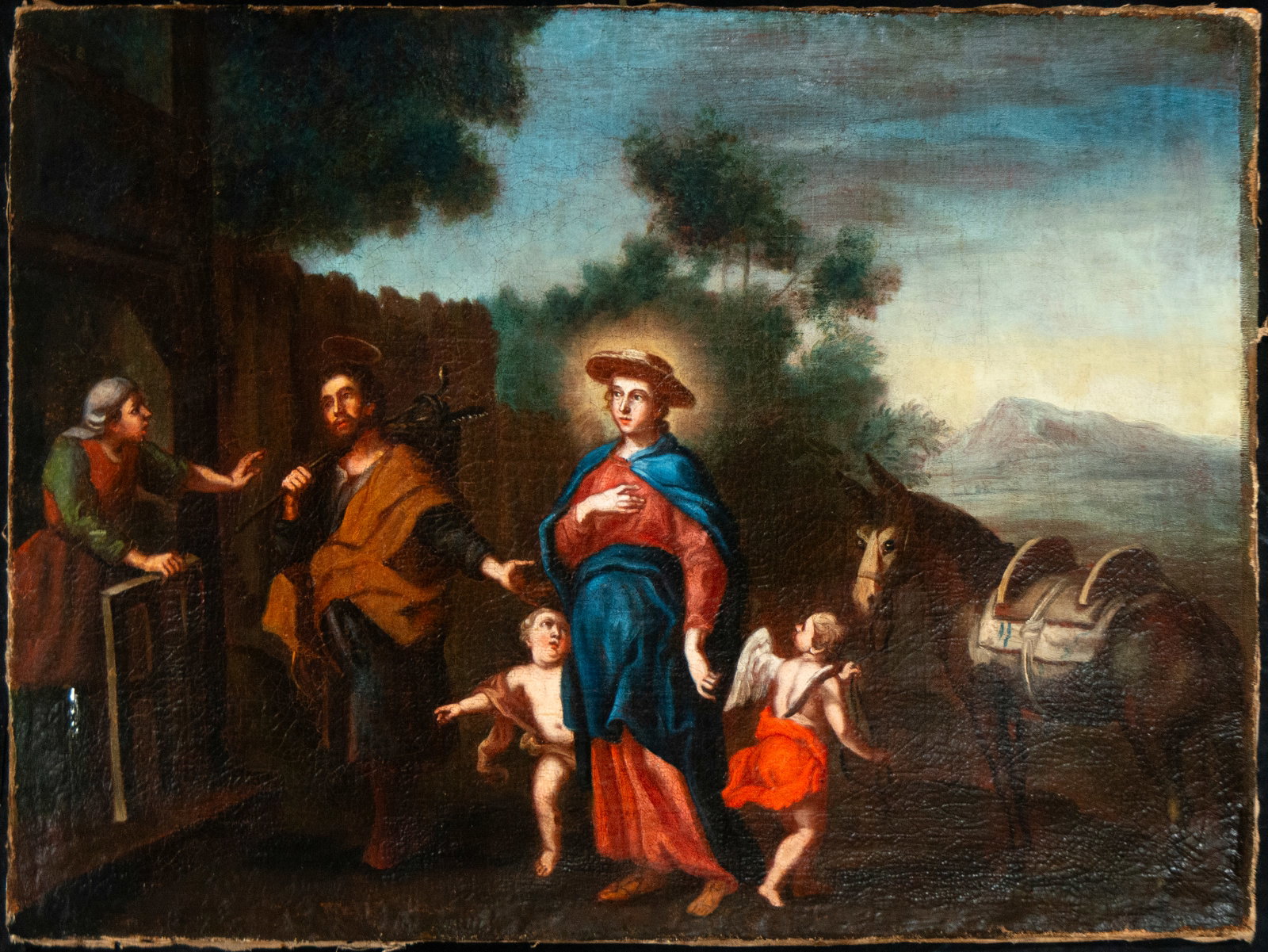 The Flight into Egypt. Spanish School. 17th Century: Oil on canvas. Dimensions 86 × 65 cm. Scene of the Flight into Egypt with the Virgin, the Child, and Saint Joseph beginning their journey accompanied by angels. The composition displays a Baroque sty