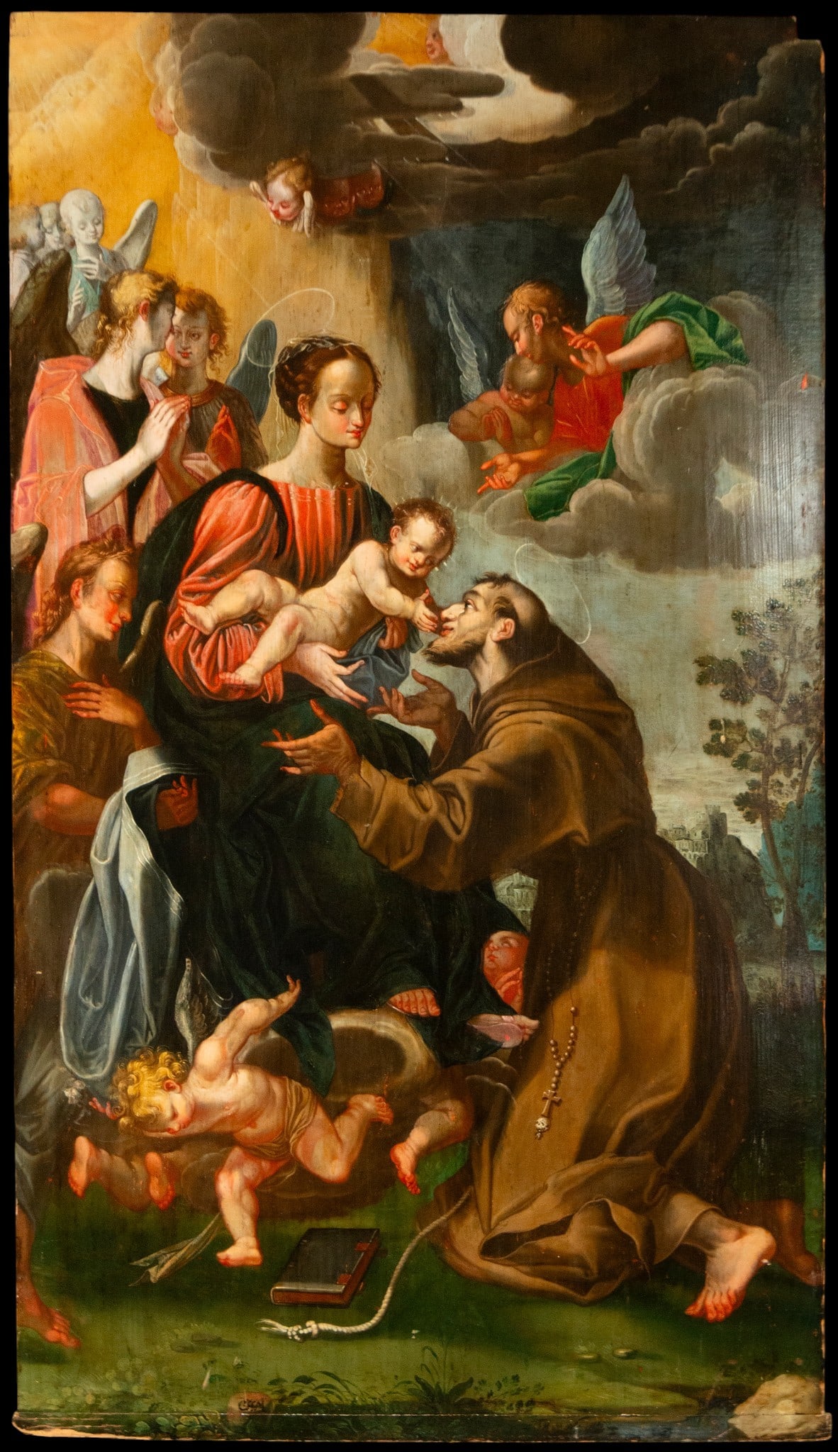 Important and Large Oil on Board - Signed in anagram. Italian School. 16th-17th Century: Oil on panel. Dimensions 163 × 93 cm. The Virgin holds the Child in a monumental composition of intense devotional character, with delicate treatment of the figures and a rich chromatic range. The pi