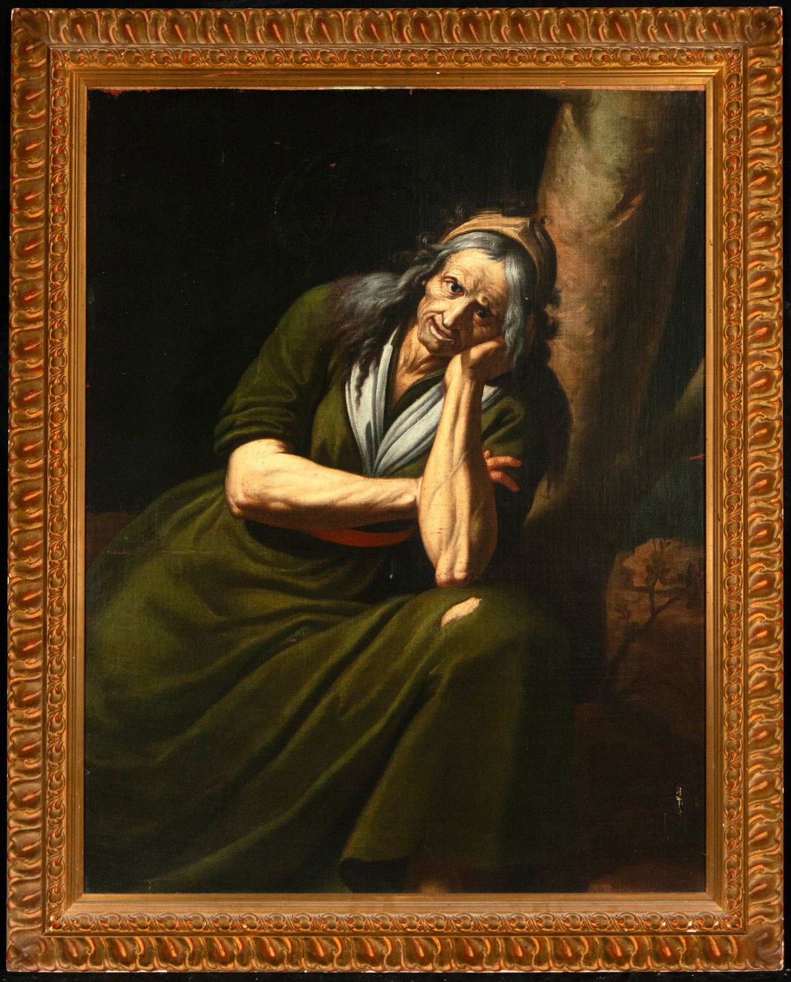Portrait of an old woman. Spanish School. 17th century: Oil on canvas. Dimensions 106 × 85 cm and 121 × 99 cm. Portrait of an elderly woman leaning on her arm, rendered with striking chiaroscuro and intense psychological expression. The work exemplifies 