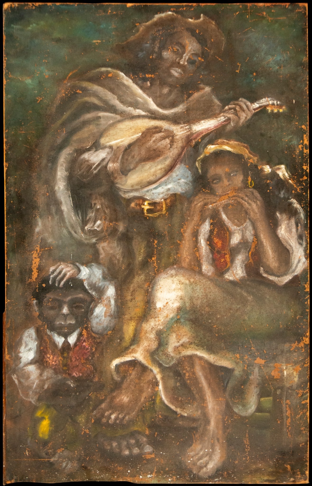 Gypsy musicians with monkeys. European Abstract school. 20th century: Oil on panel. Dimensions 199 × 126 cm. Genre scene with several Gypsy musicians playing instruments while a monkey participates in the performance. The expressive brushstrokes and the folk atmosphere
