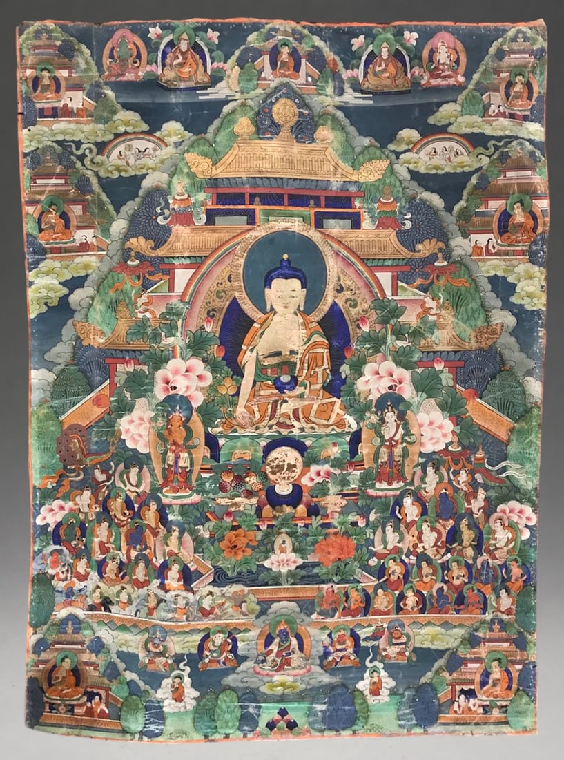 Thangka of Amitayus' Paradise, Tibetan school, 18th century: Polychrome pigments and gilt highlights on cotton canvas with brocade. Dimensions: 57 x 43 cm; with brocade: 78 x 55 cm. The scene depicts Amitayus seated in a meditative pose before palatial architec