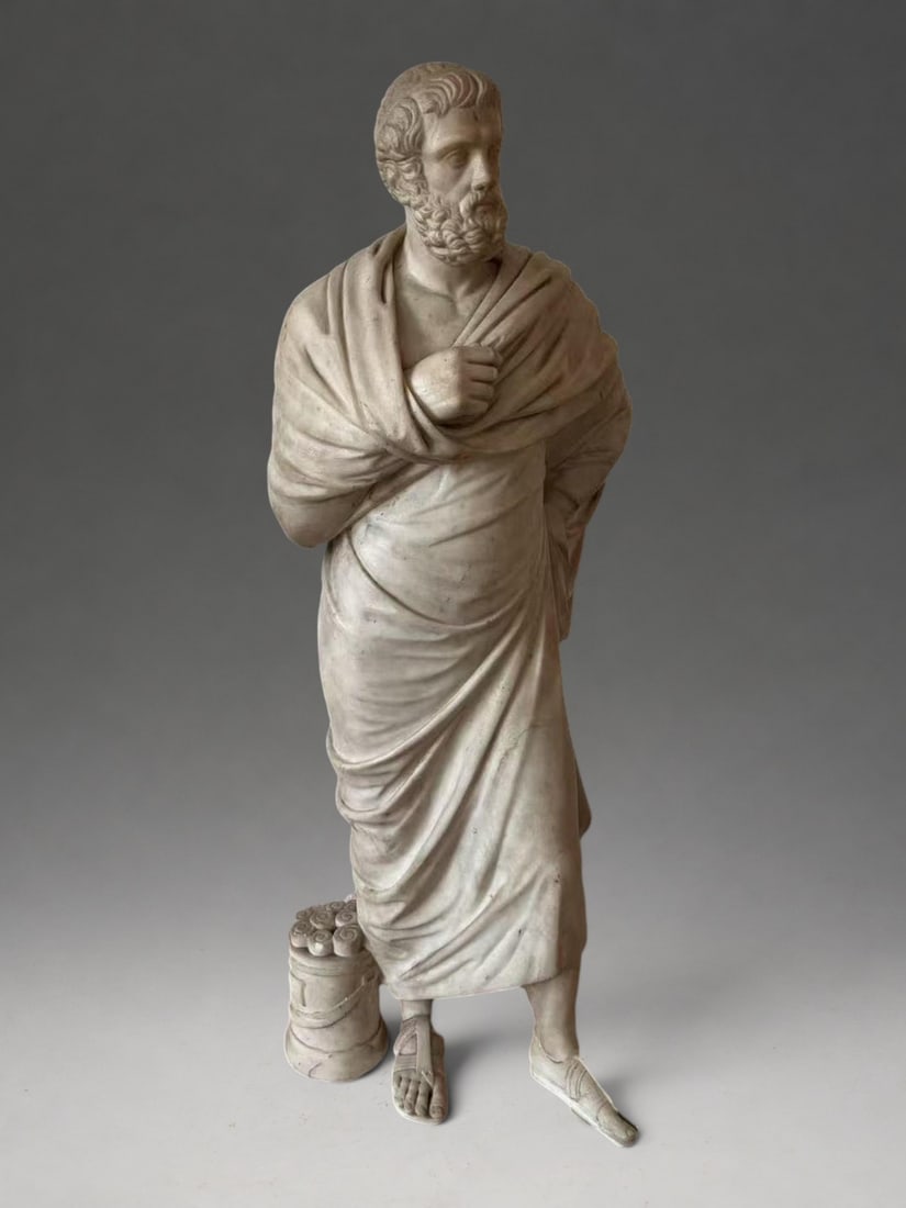 Statue of Sophocles, known as the "Lateran" statue, Italian marble, 19th century: White marble. Measures 80 cm in height. Statue of Sophocles, known as the "Lateran Statue," a reproduction of the original housed in the Vatican Museums in Rome. The ancient Greek playwright is depict
