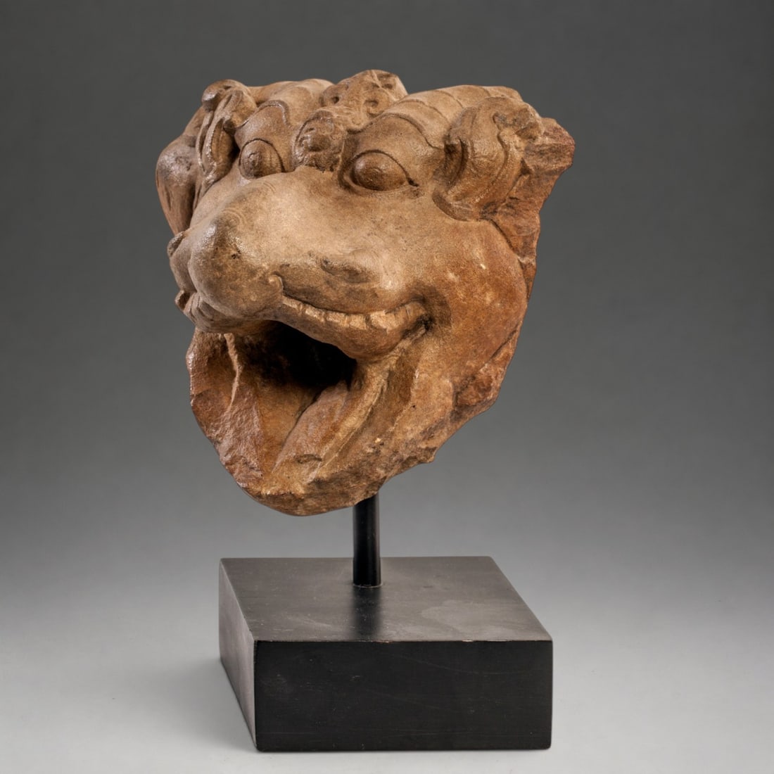 Rare Temple Gargoyle from the Tang Period, Thailand: Carved beige sandstone. Measures 20 x 25 cm. Architectural gargoyle in the form of a yali head with open jaws, prominent eyes, and a fierce expression of intense protectiveness. The fantastical creatu