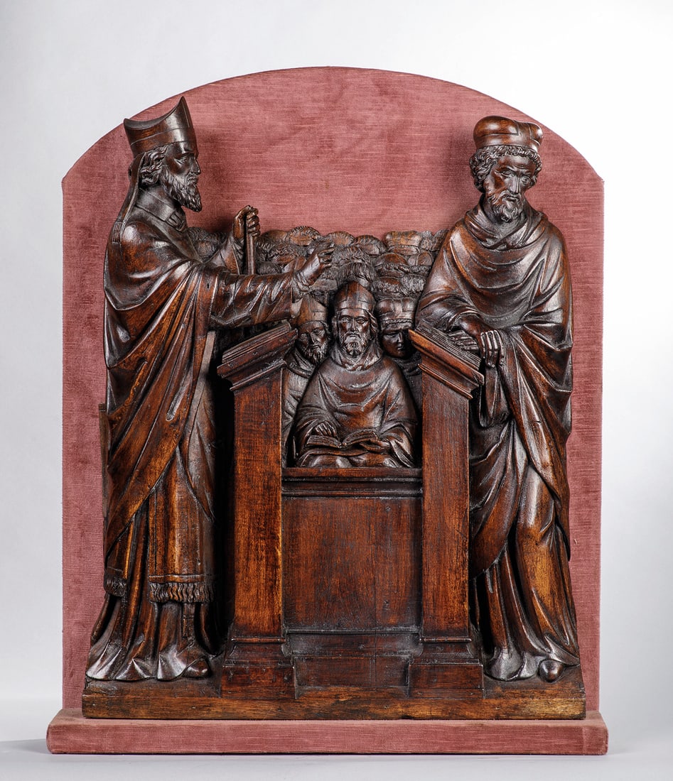 Biblical scene in high relief, Flemish or French School, 16th-17th century: High-relief carved wood with a dark patina. Measures 66 x 55 x 6 cm. This sculptural group, with its complex narrative composition, unfolds a theological scene around a seated central figure holding a