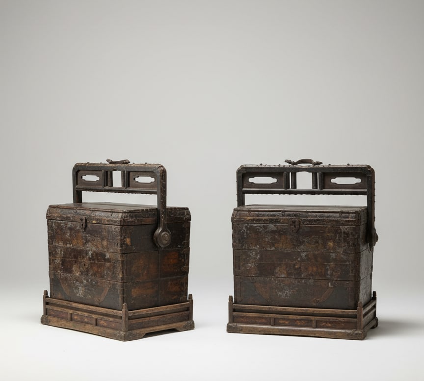 Pair of dowry chests, Qing Dynasty Chinese School, 19th Century: Wood with a dark patina and metal fittings. Dimensions: 88 x 70 x 65 cm. Pair of dowry chests with a stepped structure and a peg-shaped suspension handle system, designed for transporting and storing 