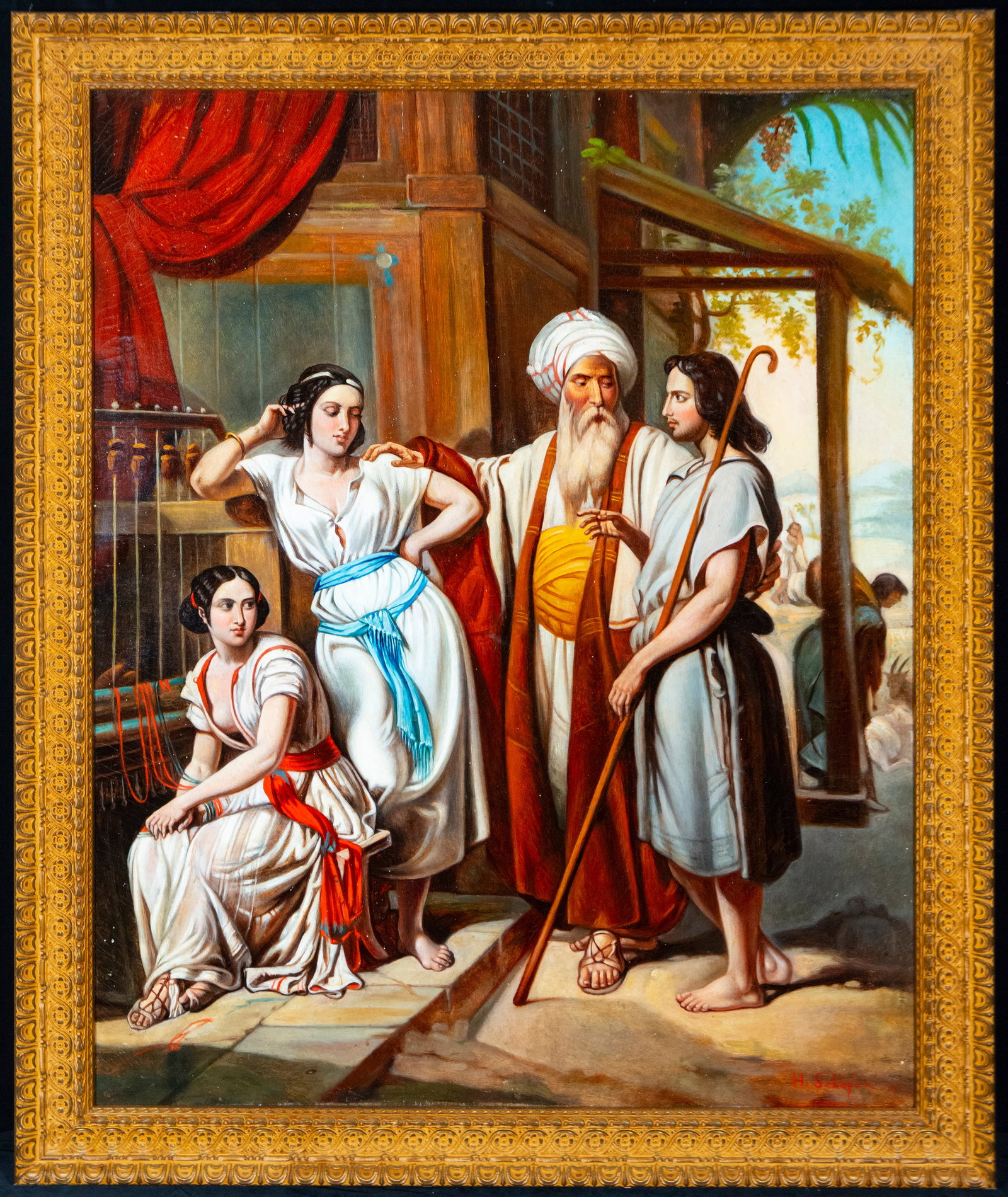 The Sale of the Slave, signed H. Shopin, Orientalist School of the 19th Century: Oil on canvas. A scene rich in architectural and clothing details. The composition features a carefully arranged arrangement of figures and warm lighting characteristic of 19th-century historicism. Di