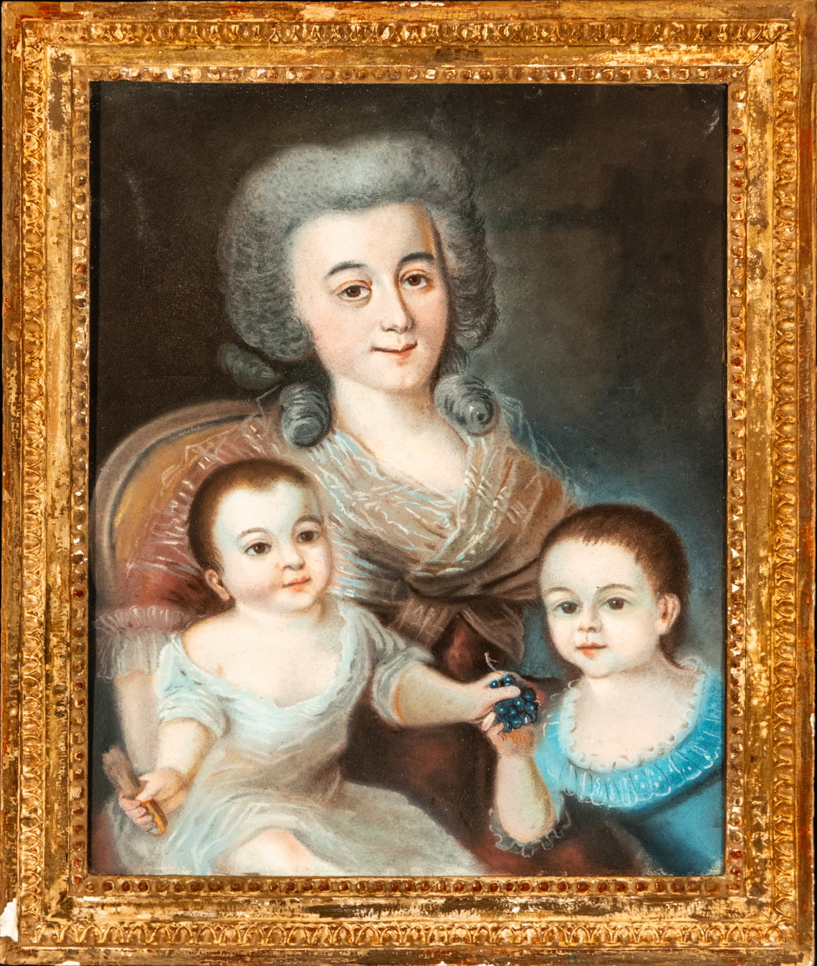 Portrait of a Lady with Two Children, French School, 18th Century: Pastel on paper. Family portrait of a lady with two children, executed with great technical delicacy and the refinement typical of 18th-century European portraiture. Dimensions without frame: 52 x 42 