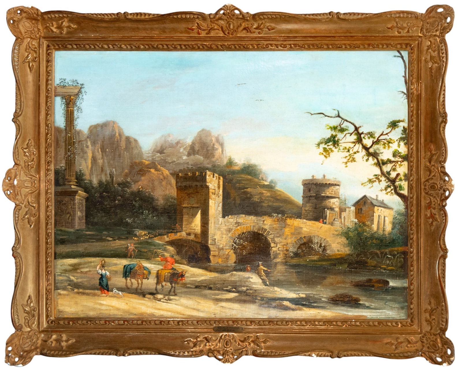 Landscape with fortified bridge and travelers. Italian School. 19th century: Oil on canvas. Dimensions without frame: 92 x 70 cm. Dimensions with frame: 108 x 87 cm. A sweeping, Italian-inspired landscape centered around a fortified stone bridge spanning a river, with crenella