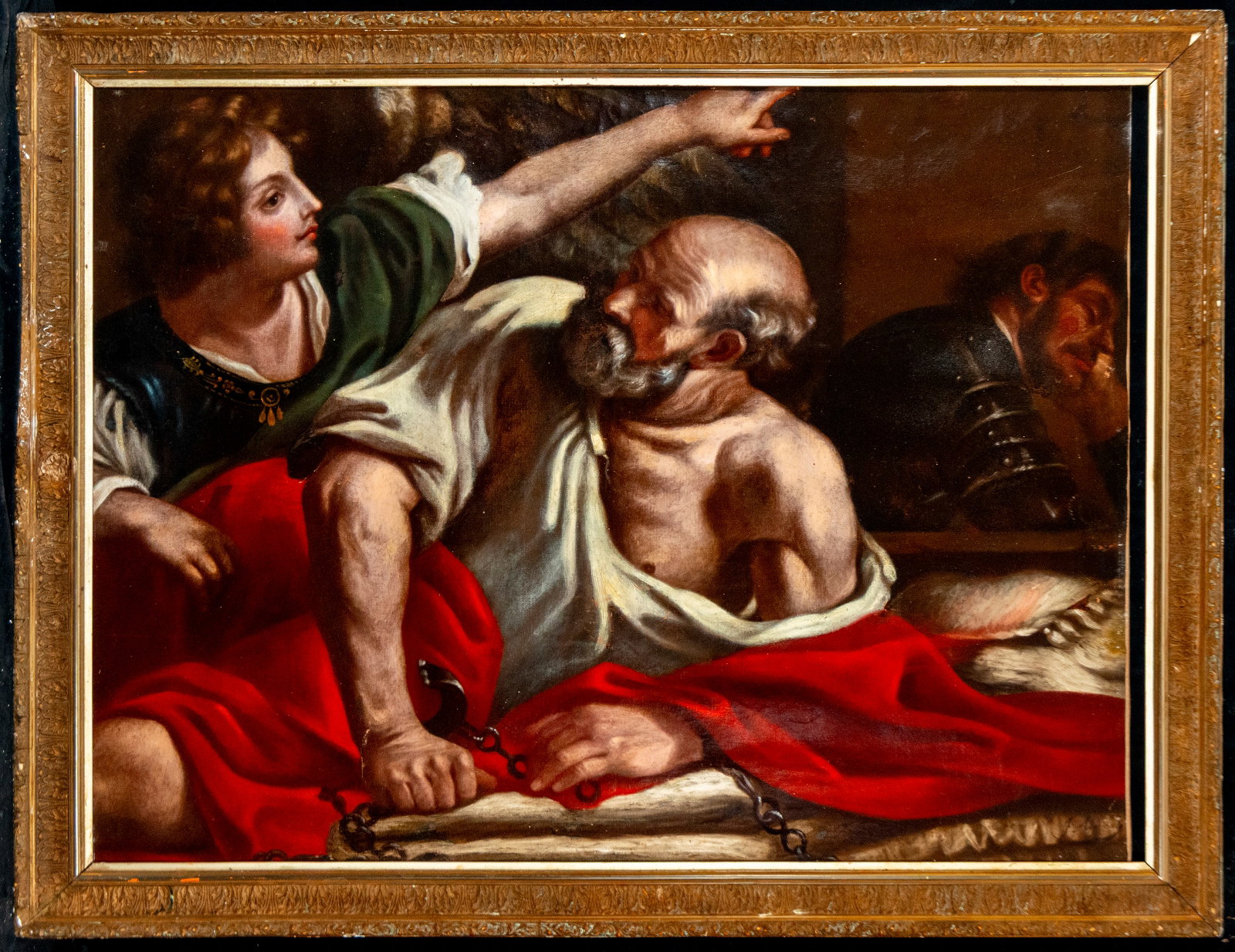Liberation of Saint Peter. Italian School. 17th Century: Oil on canvas. Dimensions without frame: 82 x 100 cm. Dimensions with frame: 88 x 113 cm. The scene captures the moment of Saint Peter's miraculous liberation from prison: the apostle, chained and par