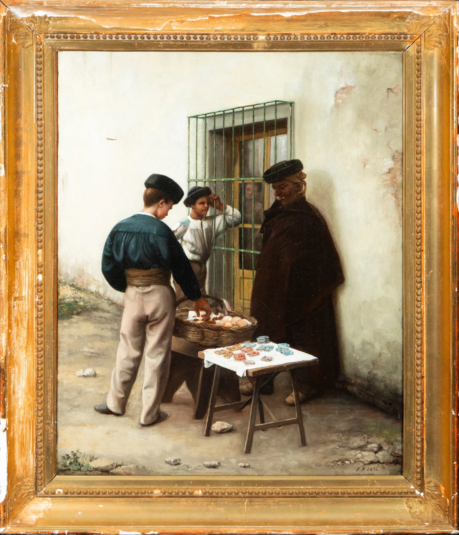 Market scene, Signed FJ or FF, European Romantic school, 19th century: Oil on canvas. Dimensions without frame: 59 x 47 cm. Dimensions with frame: 70 x 60 cm.