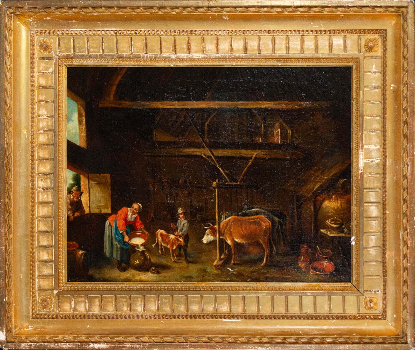 Interior of a stable. Flemish School. 18th century: Oil on canvas. Dimensions without frame: 43 x 59 cm. Dimensions with frame: 64 x 78 cm.
