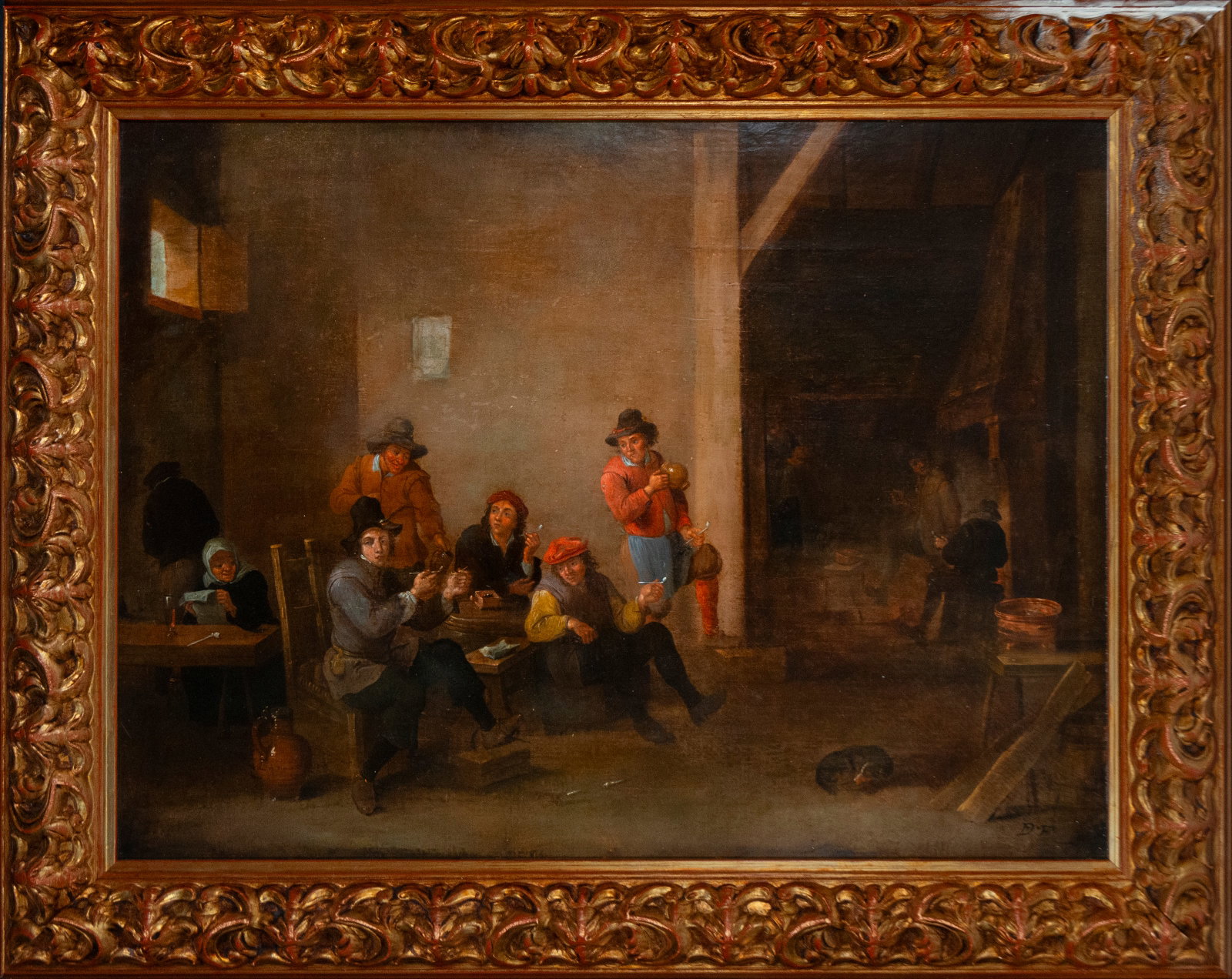 Flemish tavern scene. Signed DT fecit (David Teniers I or II?) - Flemish School. 18th century (1 of 8)