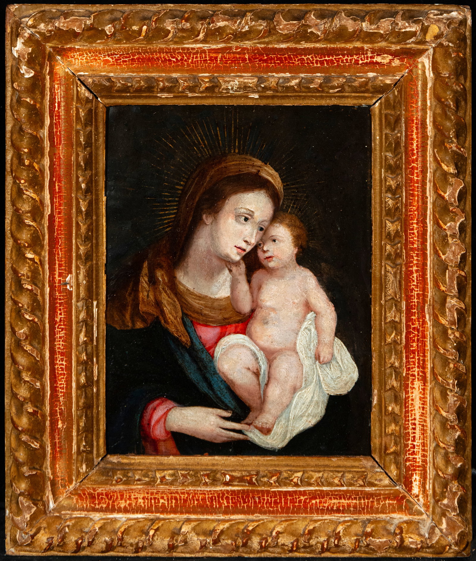 Immaculate Conception. Spanish School. 17th Century: Oil on canvas. Dimensions without frame: 23 x 18 cm. Dimensions with frame: 33 x 29 cm. The Virgin, depicted half-length with her hands crossed over her chest, raises her gaze in contemplation. The ci