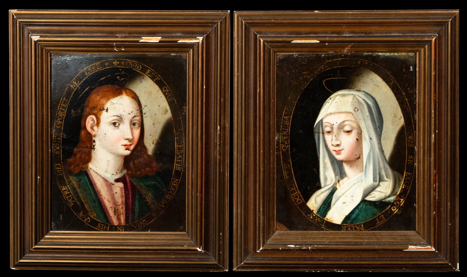 EXQUISITE PAIR OF COPPERS - ITALIAN OR FLAMENCO MASTER OF THE 17TH CENTURY: Oil on copper, Italian school of Lavinia Fontana. Dimensions without frame: 24 x 19 cm. Dimensions with frame: 32 x 27 cm. Pair of devotional figures arranged in ovals against a dark background, with 