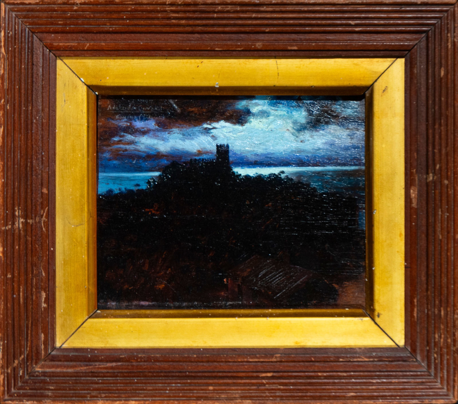 Adelardo Covarsí. Bayona (Galicia) - Signed. European School. 19th Century: Oil on panel. Dimensions without frame: 14 x 17 cm. Dimensions with frame: 22 x 26 cm. Night landscape dominated by the silhouette of a castle against a stormy sky and a sea horizon. The contrasts of 