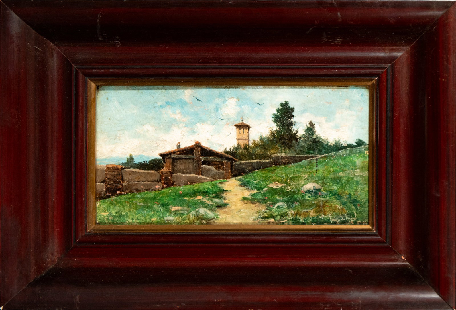 Freijo DE MIGUEL (XIX-XX) Spanish School. 19th Century: Oil on panel. Dimensions without frame: 14 x 25 cm. Dimensions with frame: 27 x 37 cm. Rural view depicted along a path leading to buildings and a bell tower amidst trees. The loose brushstrokes, the 