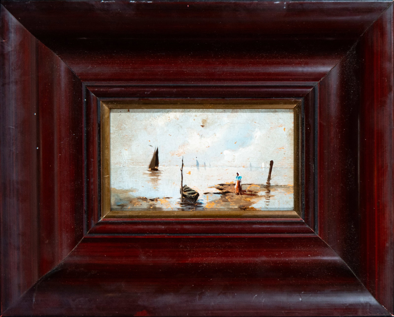 Port scene with sailboat and figure. European School. 19th century (1 of 5)
