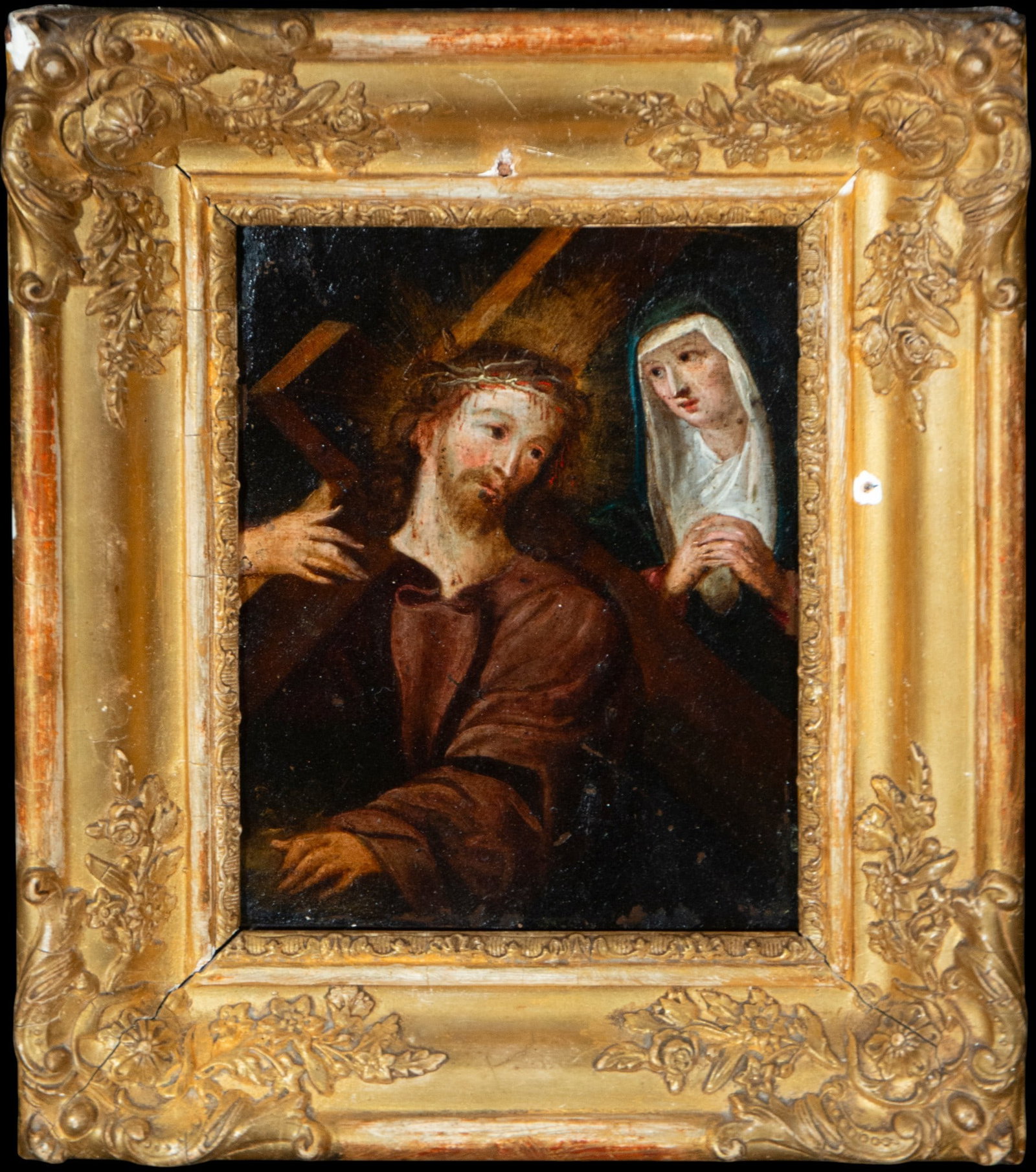 Christ on the Way to Calvary accompanied by the Virgin Mary. Flemish School. 17th Century: Oil on panel. Dimensions without frame: 17 x 14 cm. Dimensions with frame: 25 x 21 cm. Christ, crowned with thorns and carrying the cross, advances accompanied by the Virgin in a sorrowful pose. The c
