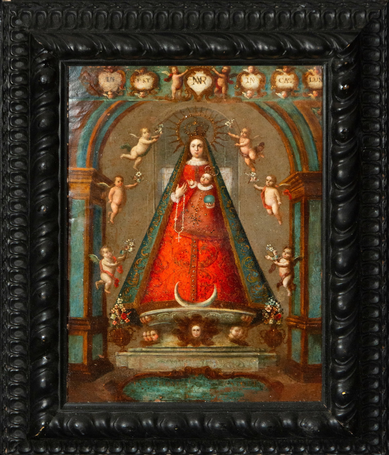 Exquisite Virgin of the Rosary on copper - Mexican Colonial work, New Spain, 17th century: Oil on copper. Dimensions without frame: 39 x 28 cm. Dimensions with frame: 51 x 41 cm. Devotional image of the Virgin Mary crowned with the Child, elevated on a crescent moon and surrounded by angels