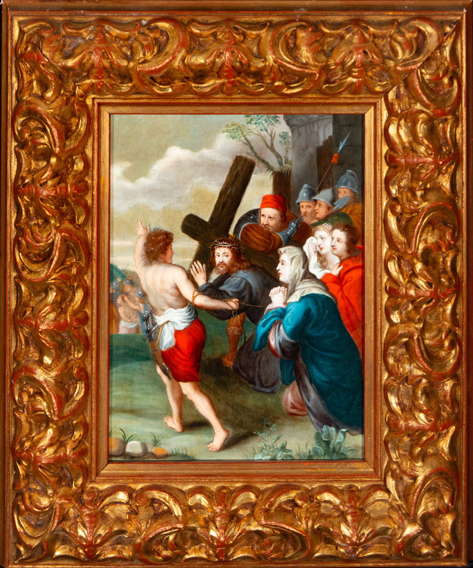 Christ on the Way to Calvary. Flemish School. 18th Century: Oil on copper. Dimensions without frame: 33 x 25 cm. Dimensions with frame: 51 x 43 cm. Christ advances with the cross between soldiers and henchmen, accompanied by the Virgin and other mourners. The 