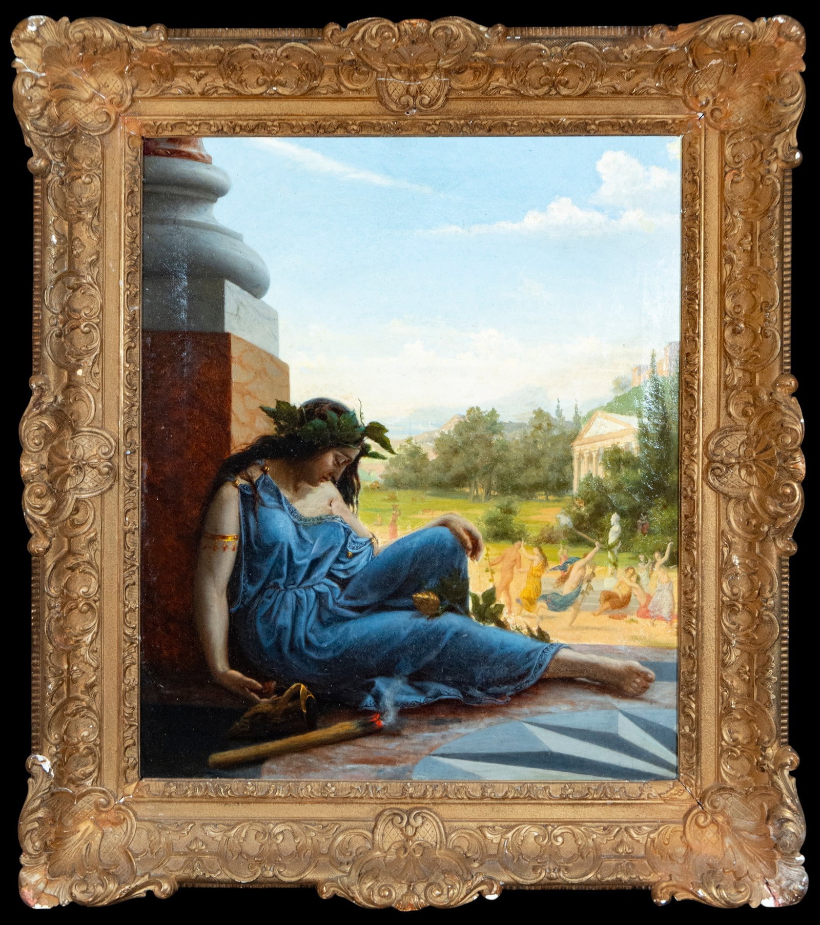 GREEK HECATE GODDESS - 19TH CENTURY EUROPEAN ROMANTIC SCHOOL: Oil on canvas. Dimensions without frame: 67 x 56 cm. Dimensions with frame: 85 x 75 cm. A female figure dressed in blue rests in the foreground while, in the background, a procession of dancers enlive